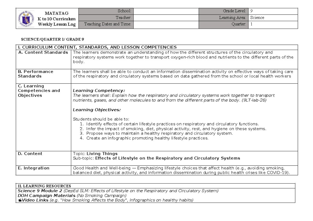 Grade 9 Science Lesson Log: Effects of Lifestyle on Circulatory ...