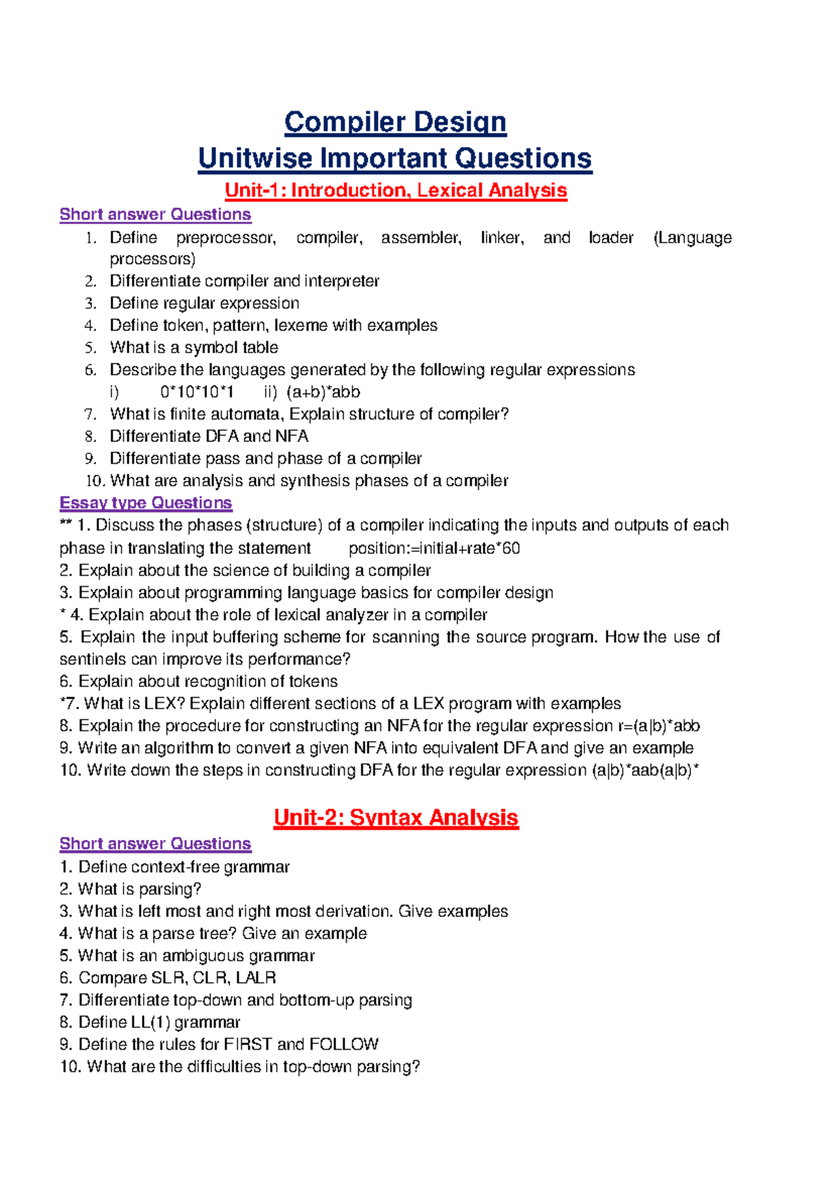 Compiler Design CSE: Unitwise Important Questions & Answers - Studocu