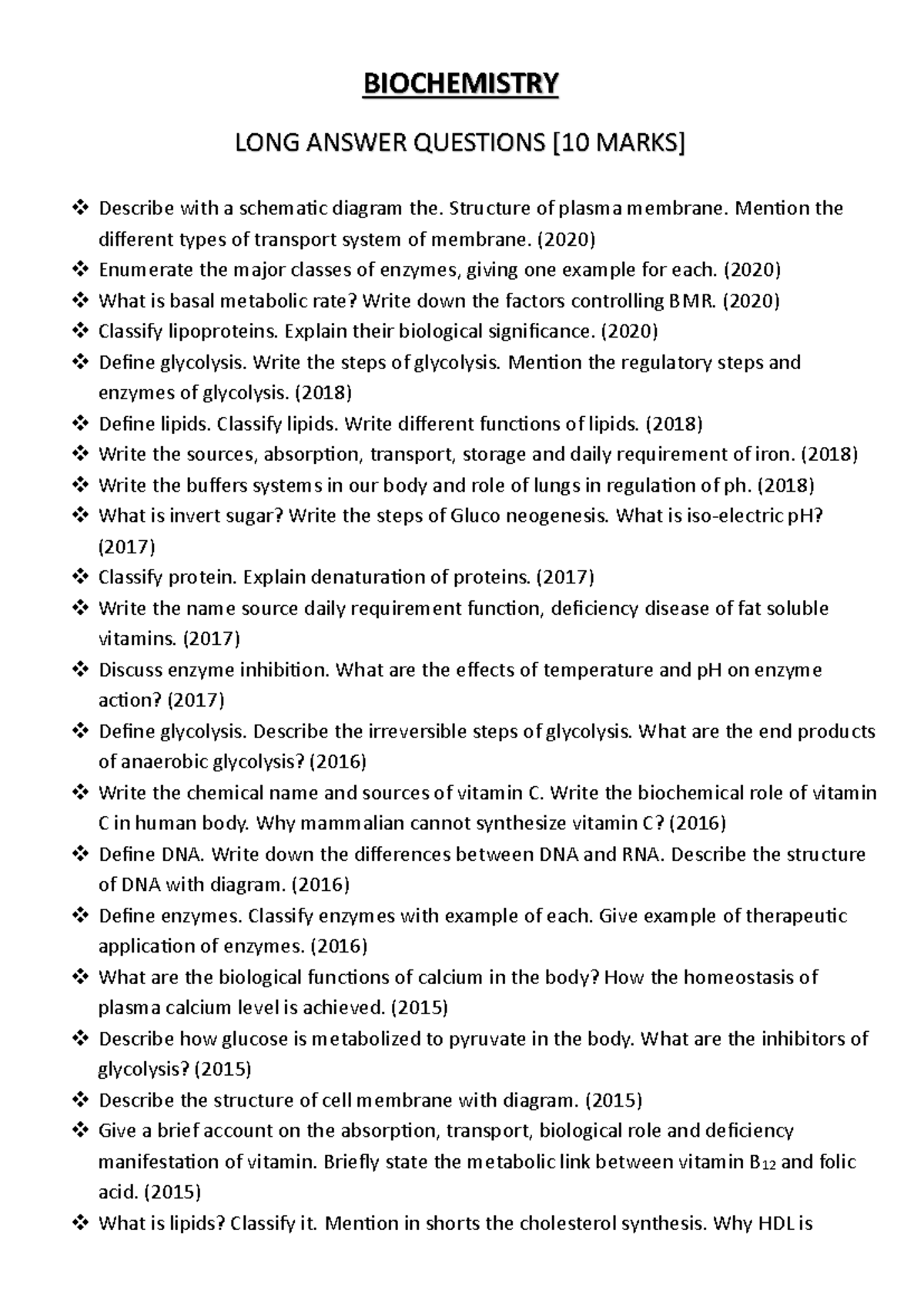 BIOCHEMISTRY LONG ANSWER QUESTIONS & SHORT NOTES (2010-2020) - Studocu