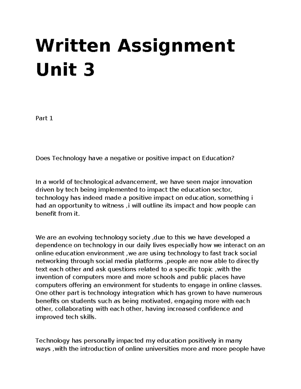 Unit 3 Written Assignment: The Impact of Technology on Education - Studocu