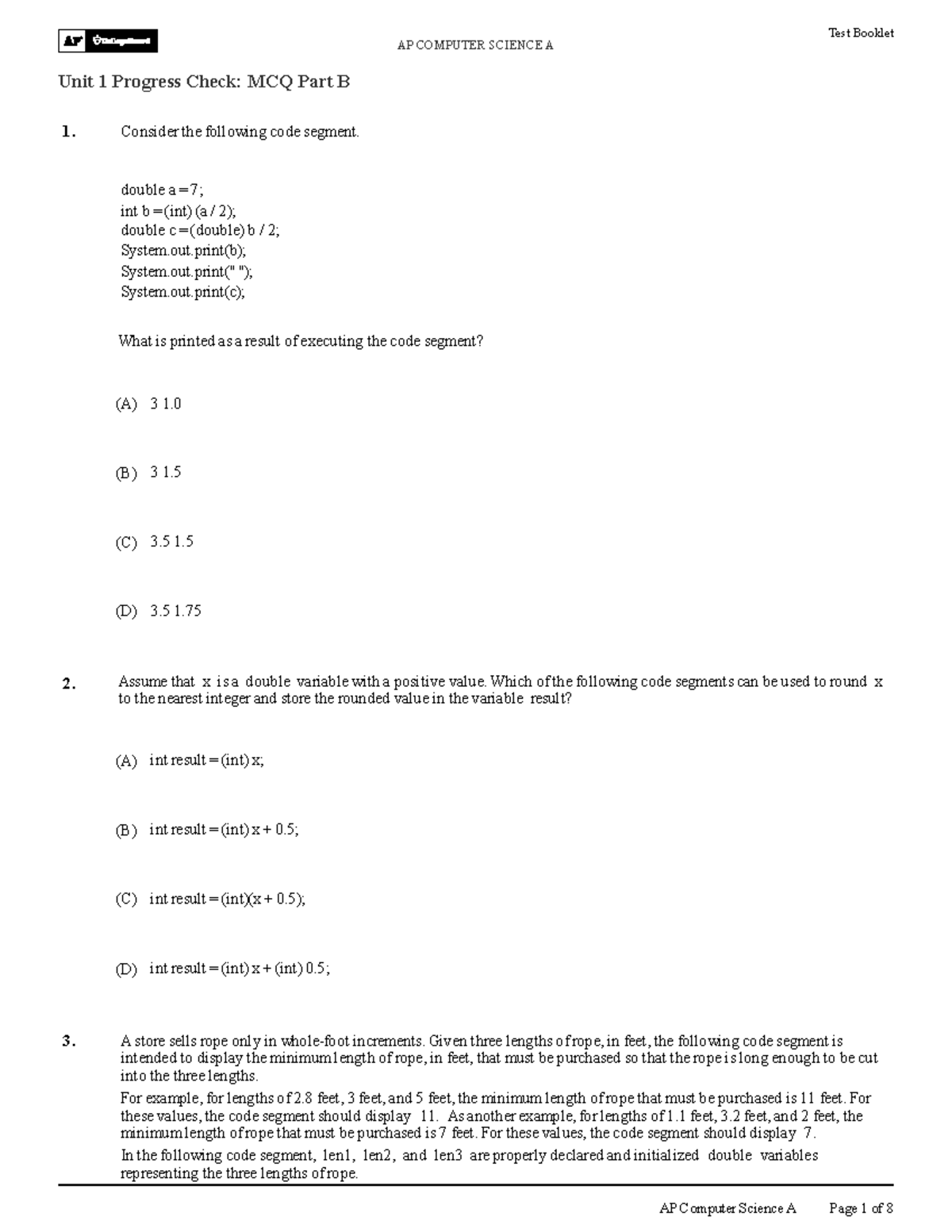 AP COMPUTER SCIENCE A Unit 1 Progress Check: MCQ Part B - Studocu