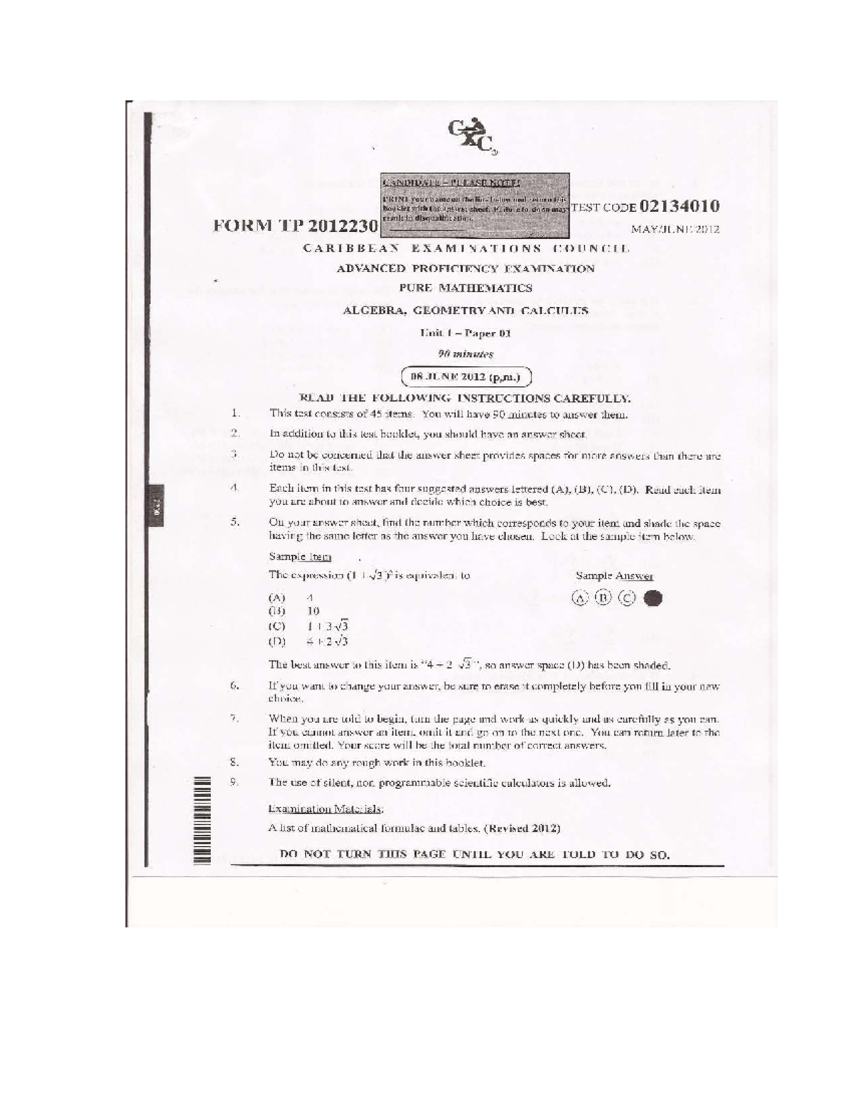 2012 CXC Pure Mathematics Unit 1 Paper 01 Exam Instructions - Studocu