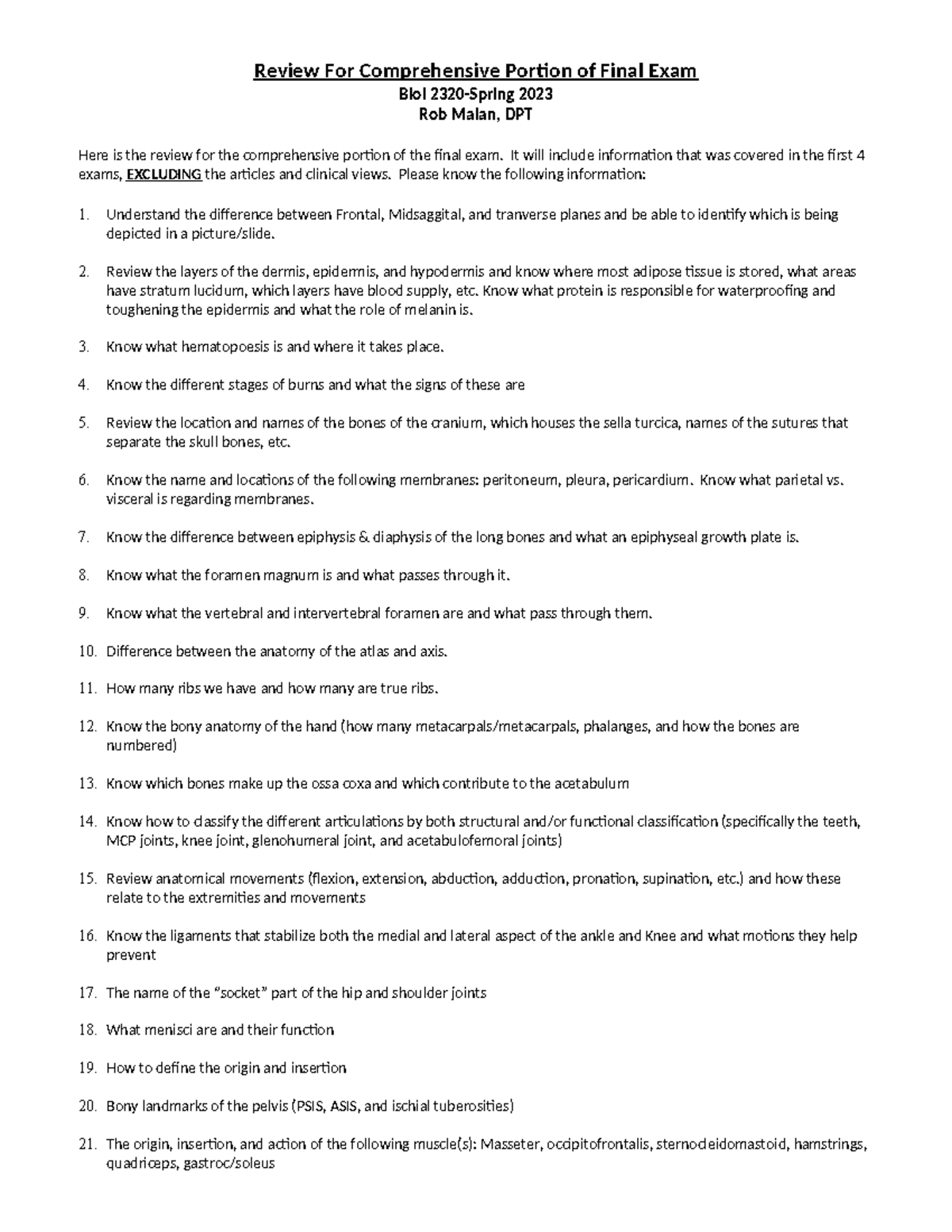 Comprehensive Review Guide for BIOL 2320 Final Exam - Spring 2023 - Studocu
