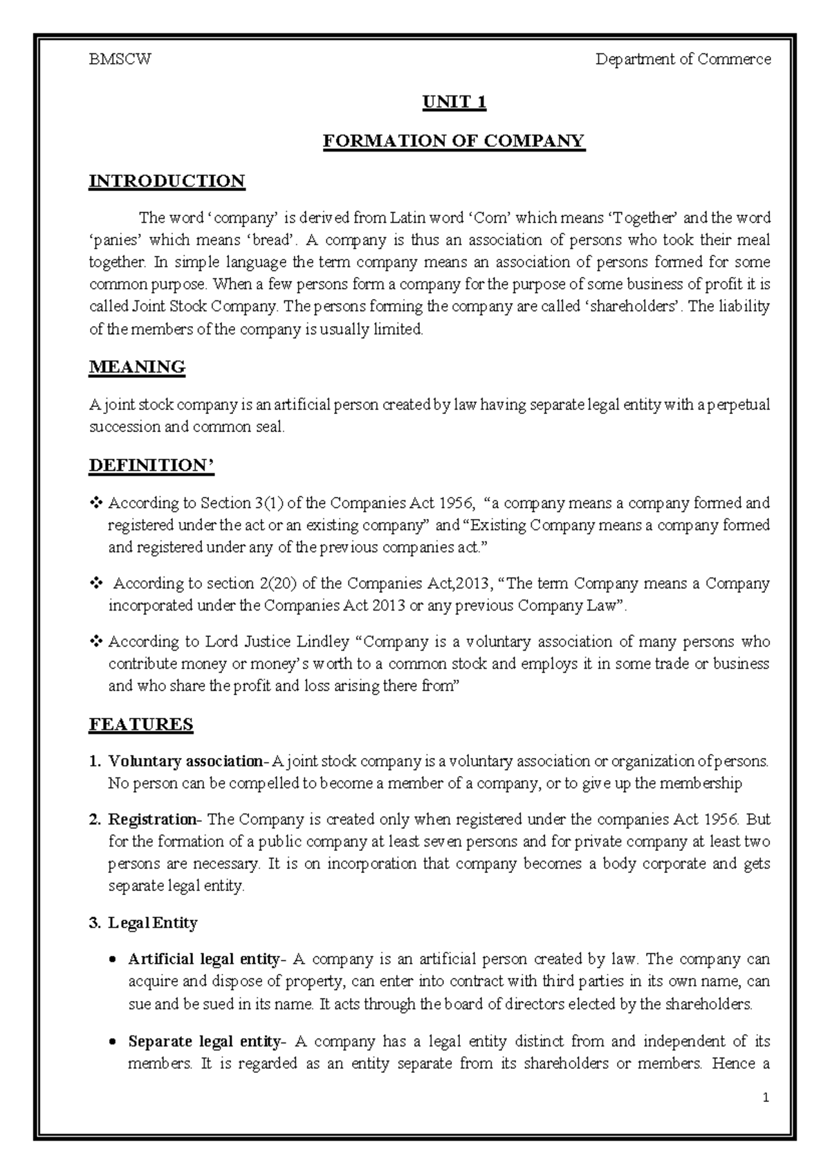 RCUB - CSA UNIT 1 - Corporate Administration Ch. 1 Notes PDF - Studocu