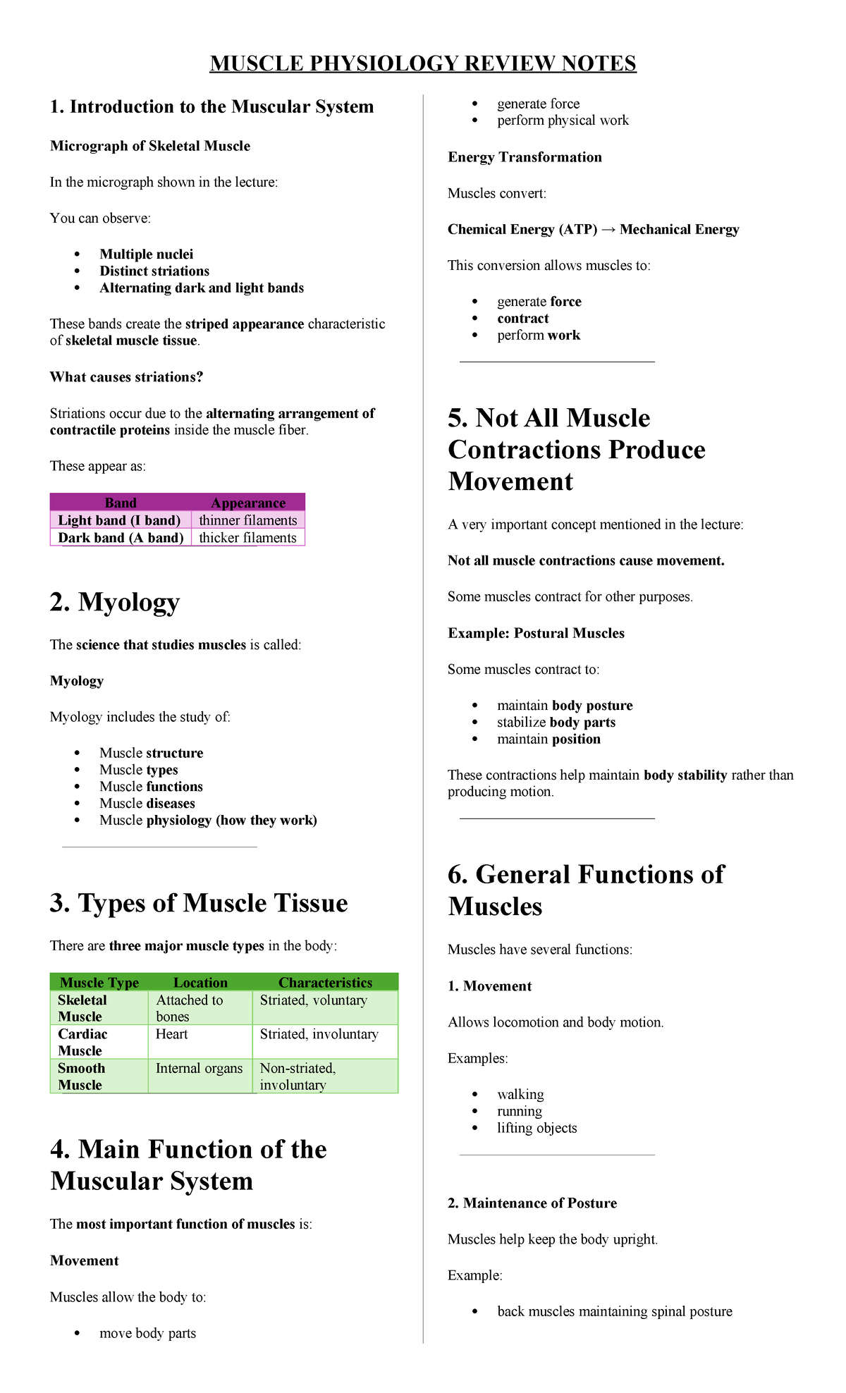 MUSCLE PHYSIOLOGY REVIEW NOTES (BIO 101) - Studocu