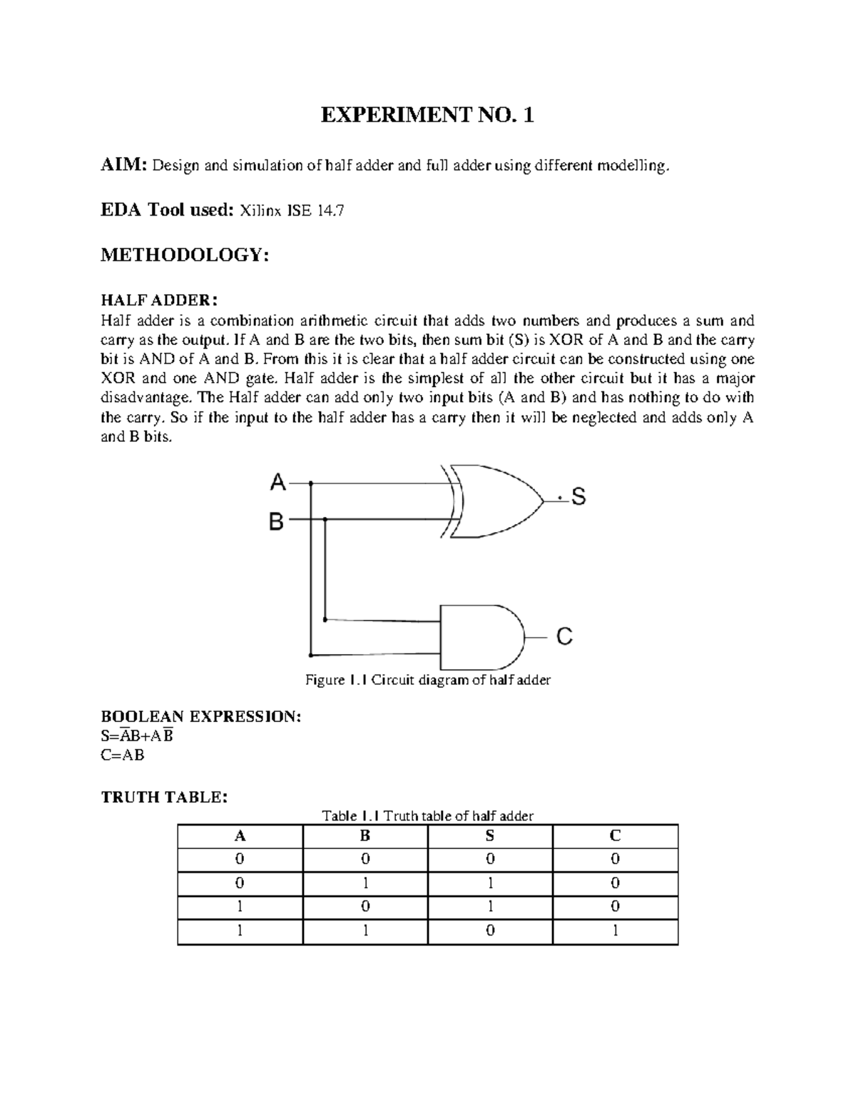 EXP1 - Lab Report: Design & Simulation of Half and Full Adders - Studocu