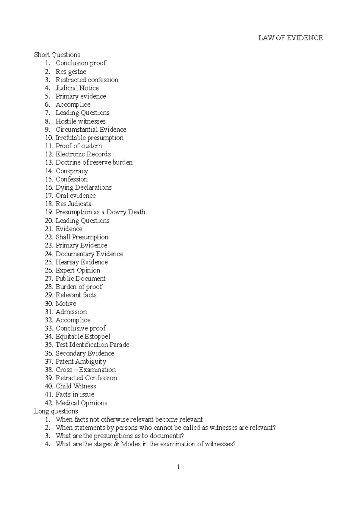 Law of Evidence - Short Questions 1. Conclusion proof 2. Res gestae 3 ...