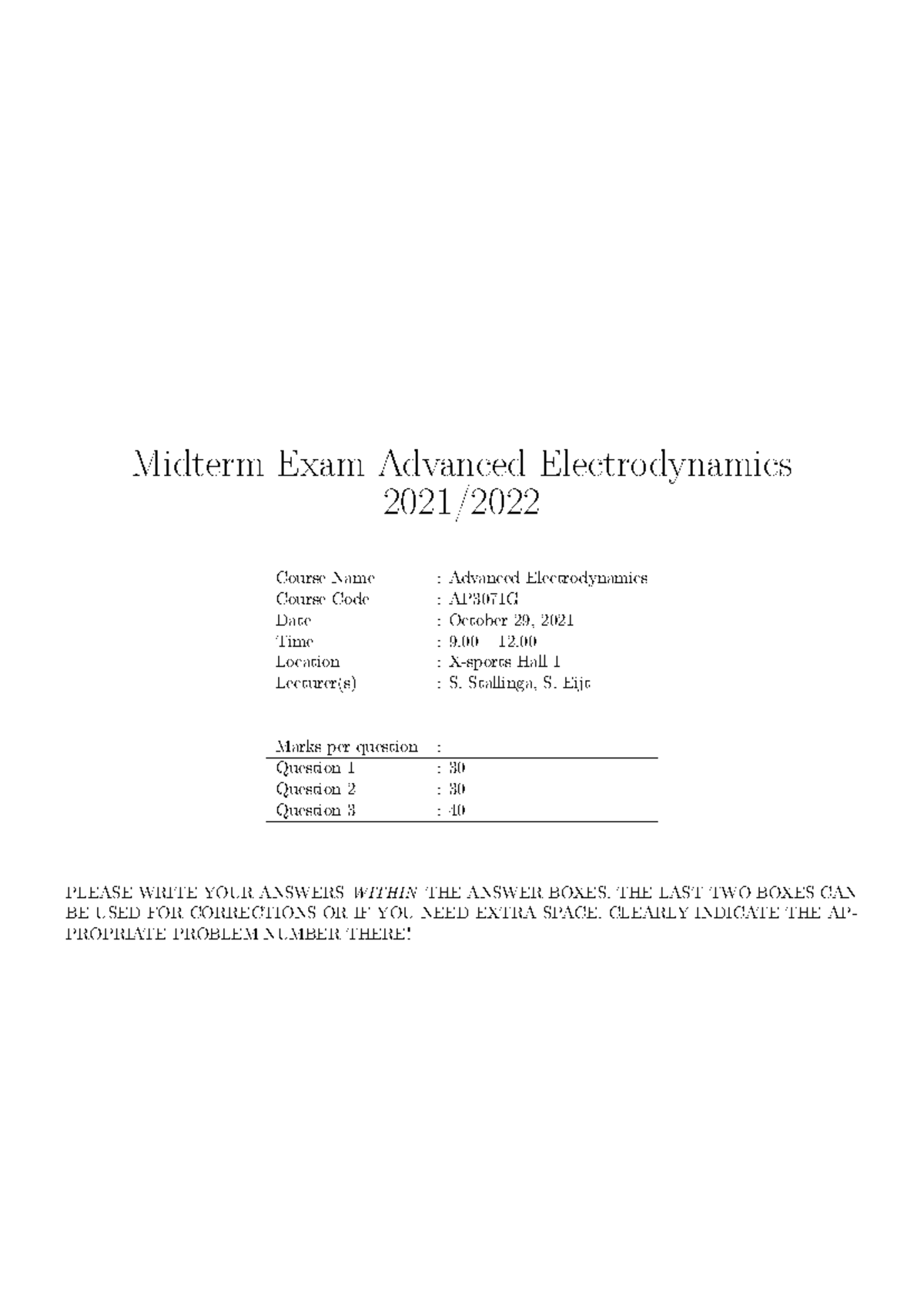 Midterm Exam AP3071G Advanced Electrodynamics Answers (Oct 29, 2021 ...