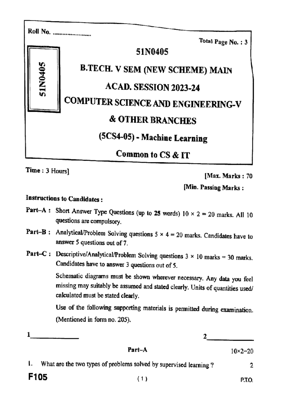 B.TECH V SEM (51N0405) Machine Learning Main Exam Short Answer ...