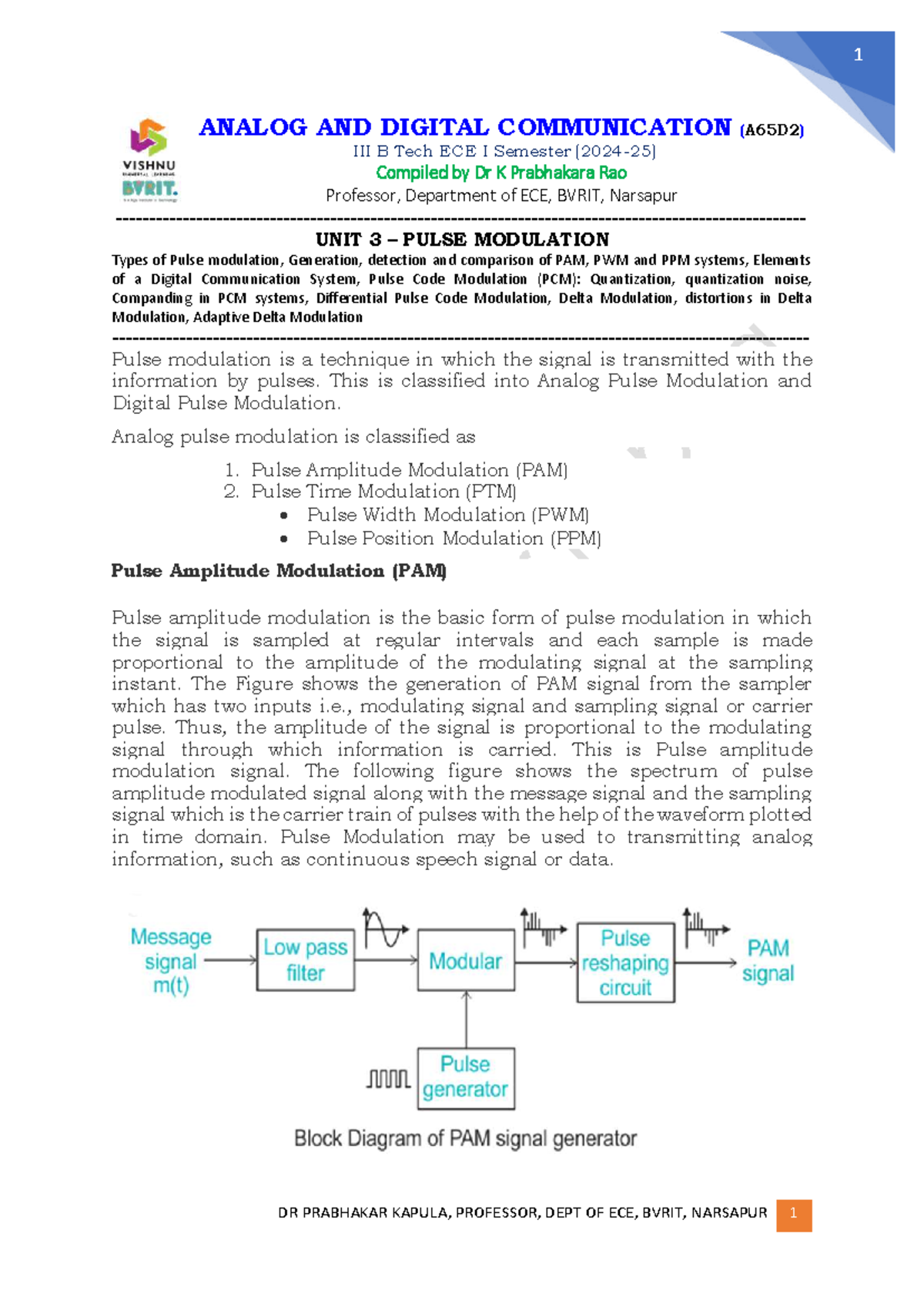 Unit 3 Notes on Pulse Modulation Techniques (A65D2) - B Tech ECE I Sem ...