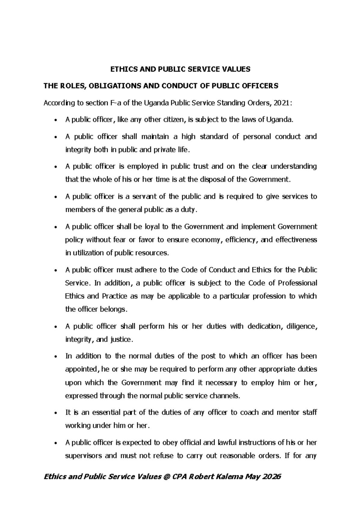 ETHICS AND PUBLIC SERVICE VALUES: ROLES AND CONDUCT OF OFFICERS - Studocu