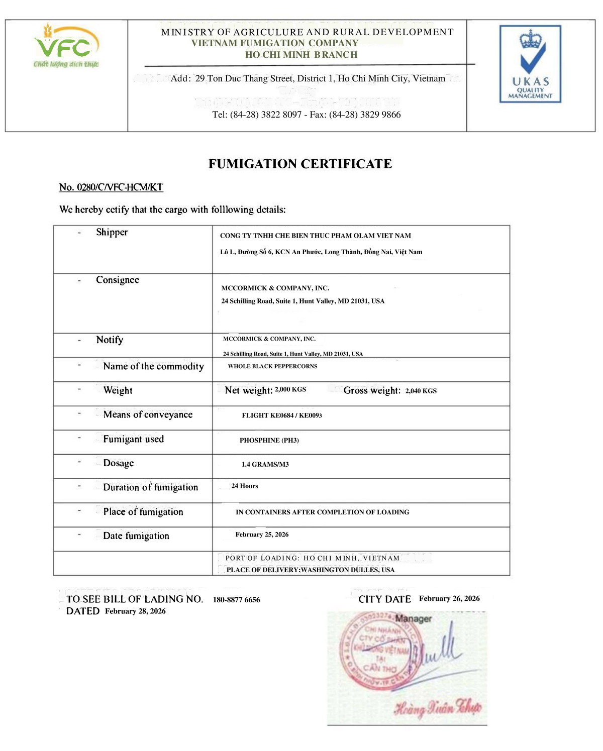 VFC Ministry of Agriculture Fumigation Certificate - Feb 2026 - Studocu