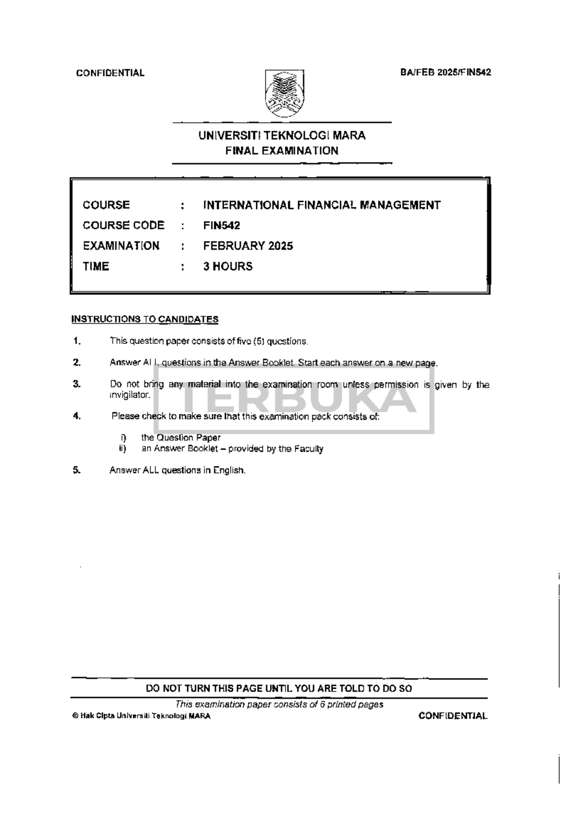 FIN542 FEB 2025 - FINAL EXAMINATION QUESTIONS & INSTRUCTIONS - Studocu