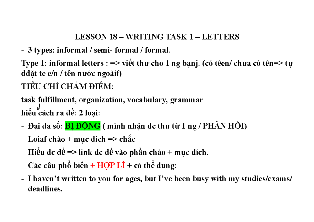 Lesson 18 - Writing Task 1: Informal Letters Guide - Studocu