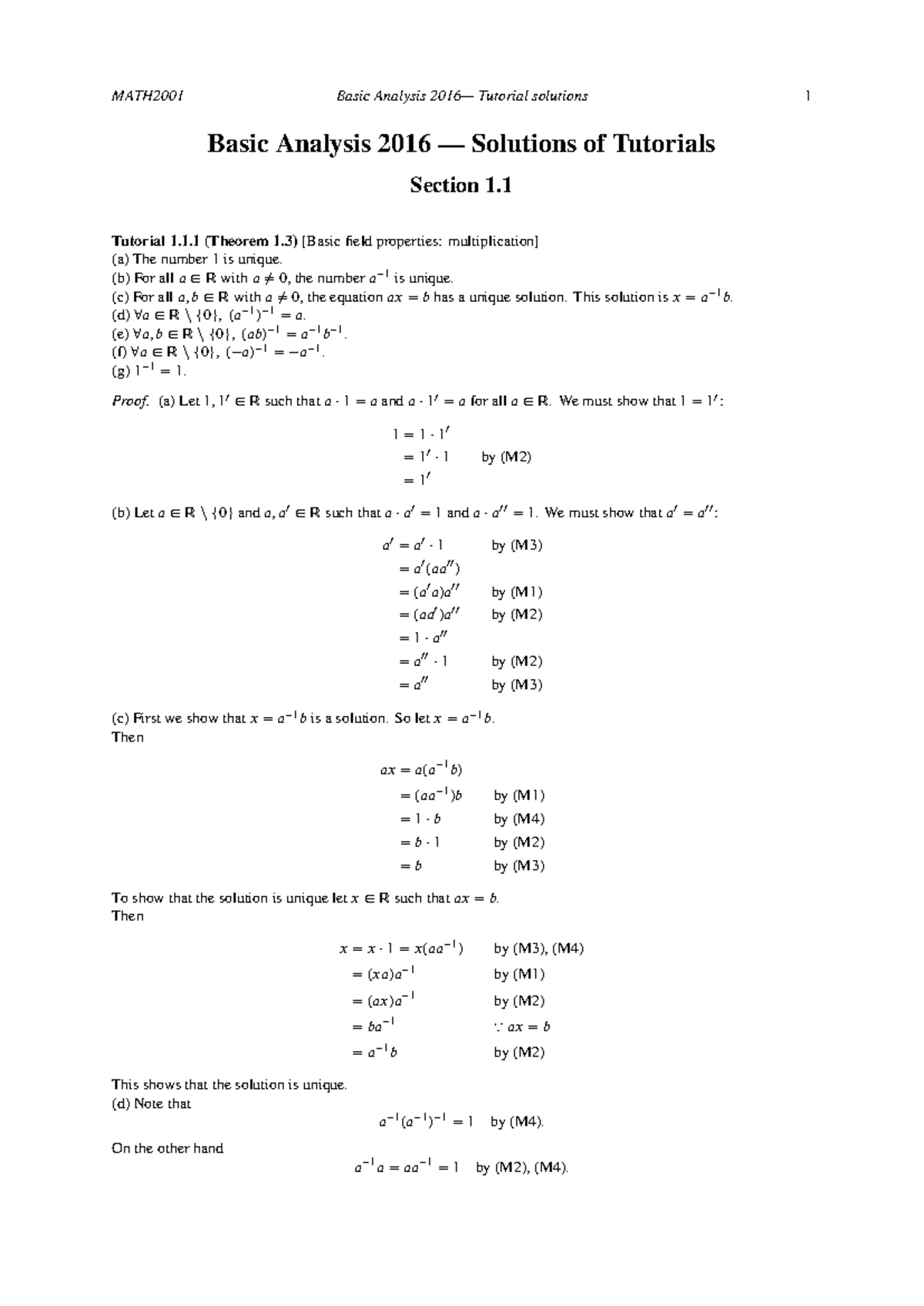 Tutorial 1.1 - Solutions Part A Copy - MATH2001 Basic Analysis 2016 ...