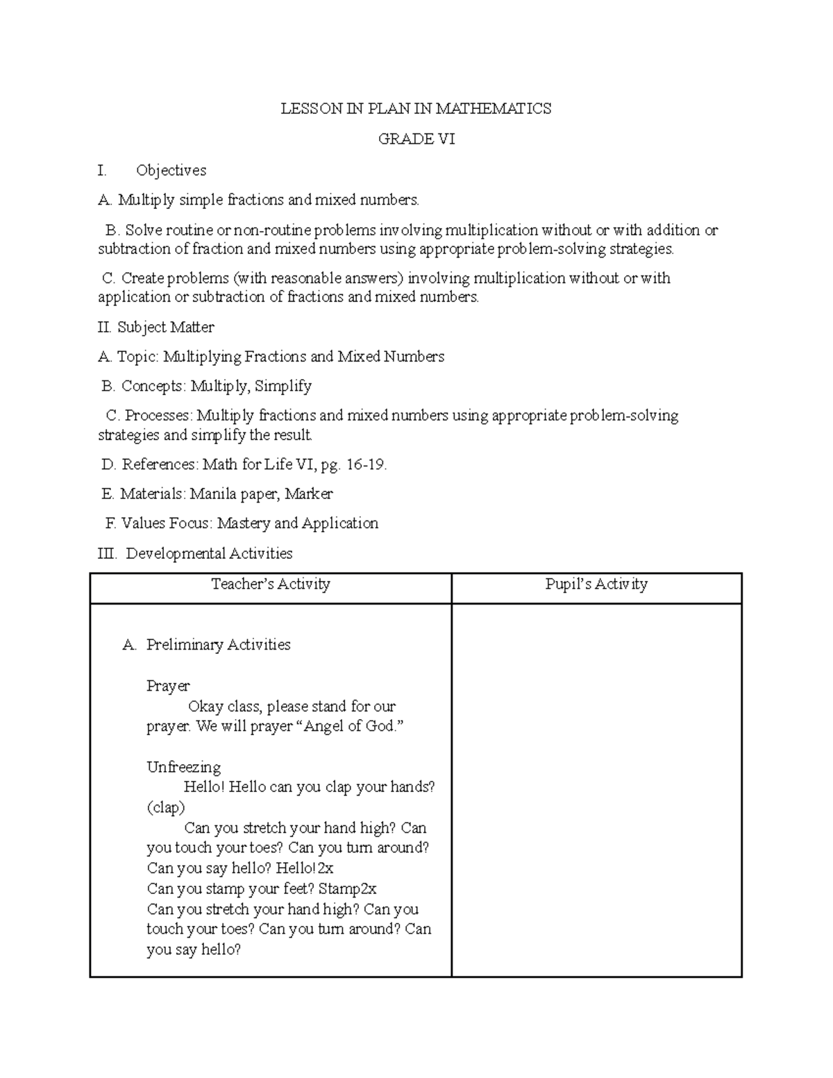 Lesson Plan: Multiplying Fractions & Mixed Numbers - Grade VI - Document Preview