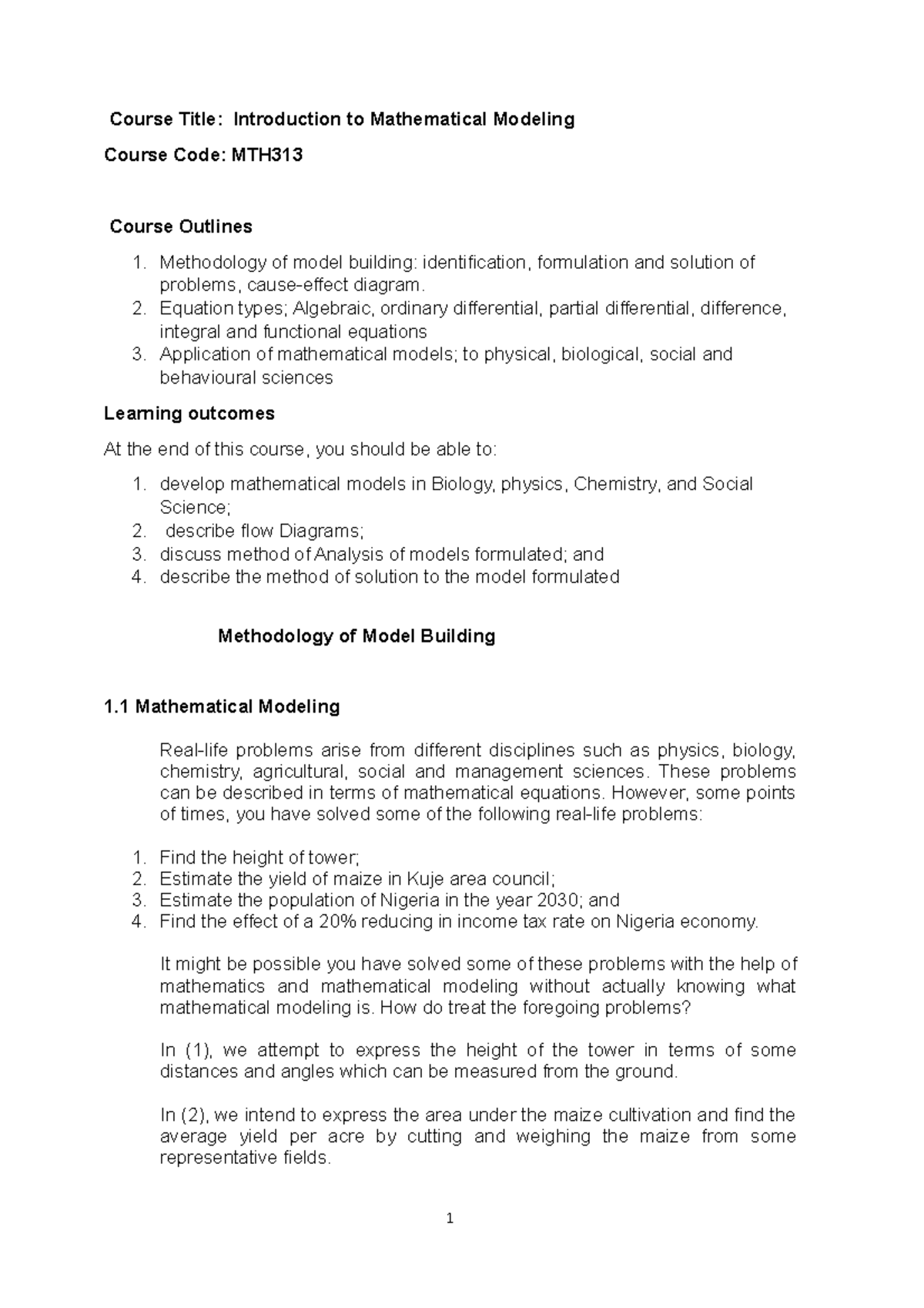 Mathematical Modeling Overview - MTH Course Notes and Methodologies ...