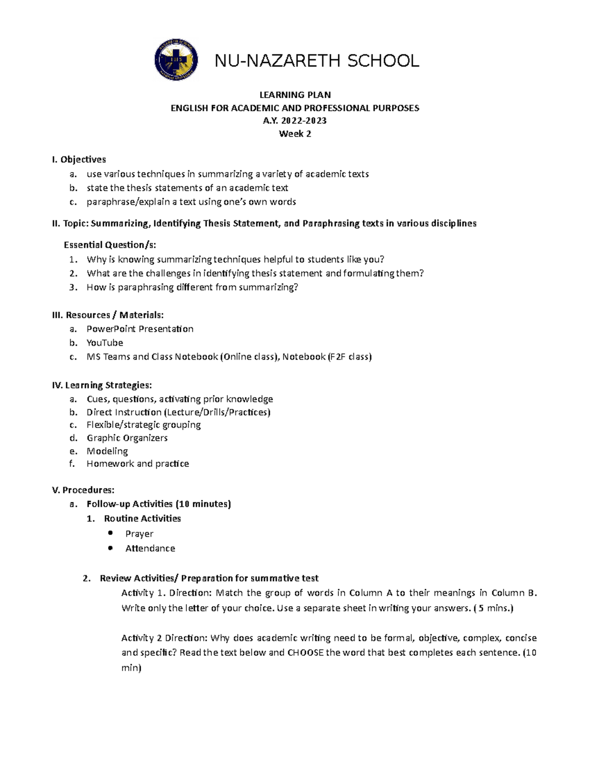Learning Plan Week 4: Techniques for Summarizing & Paraphrasing - EAPP ...