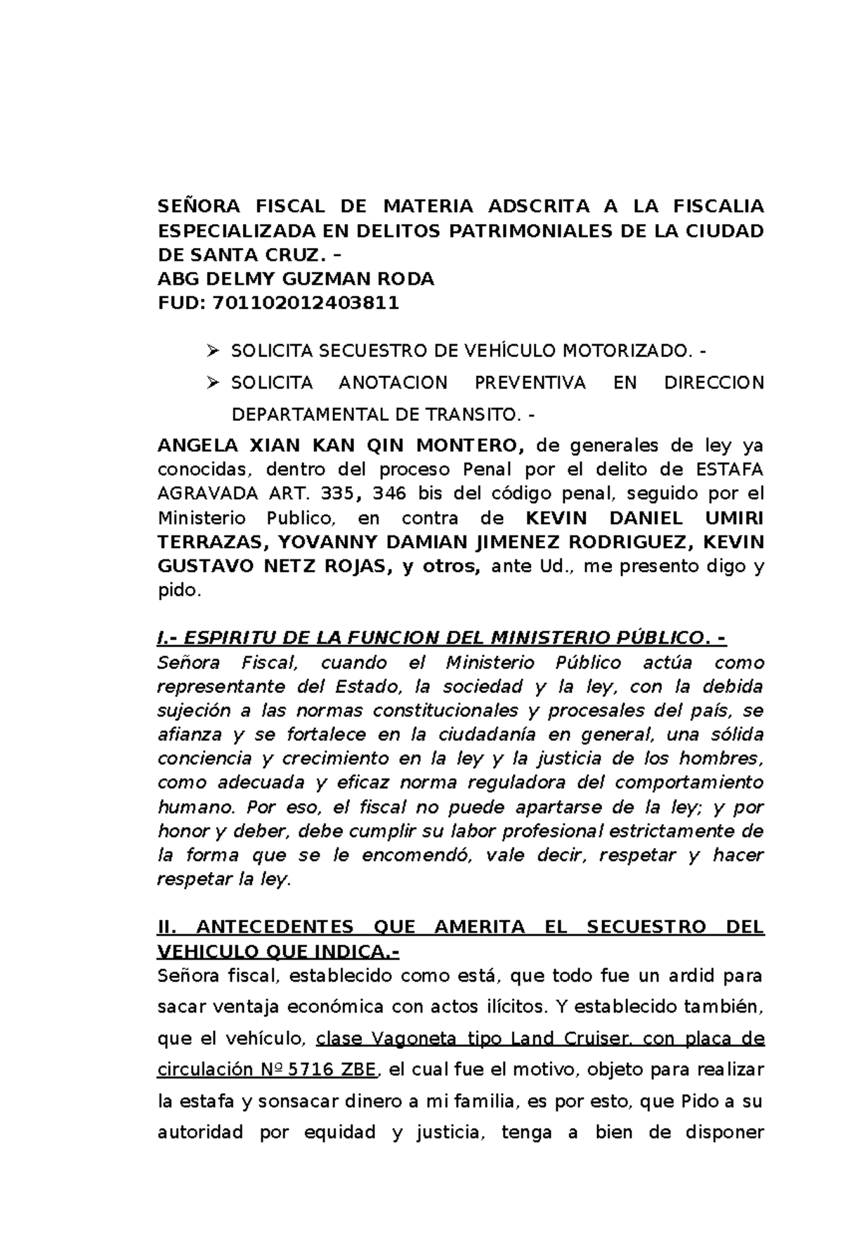 Solicitud de Secuestro de Vehículo Motorizado en Proceso Penal - Document Preview