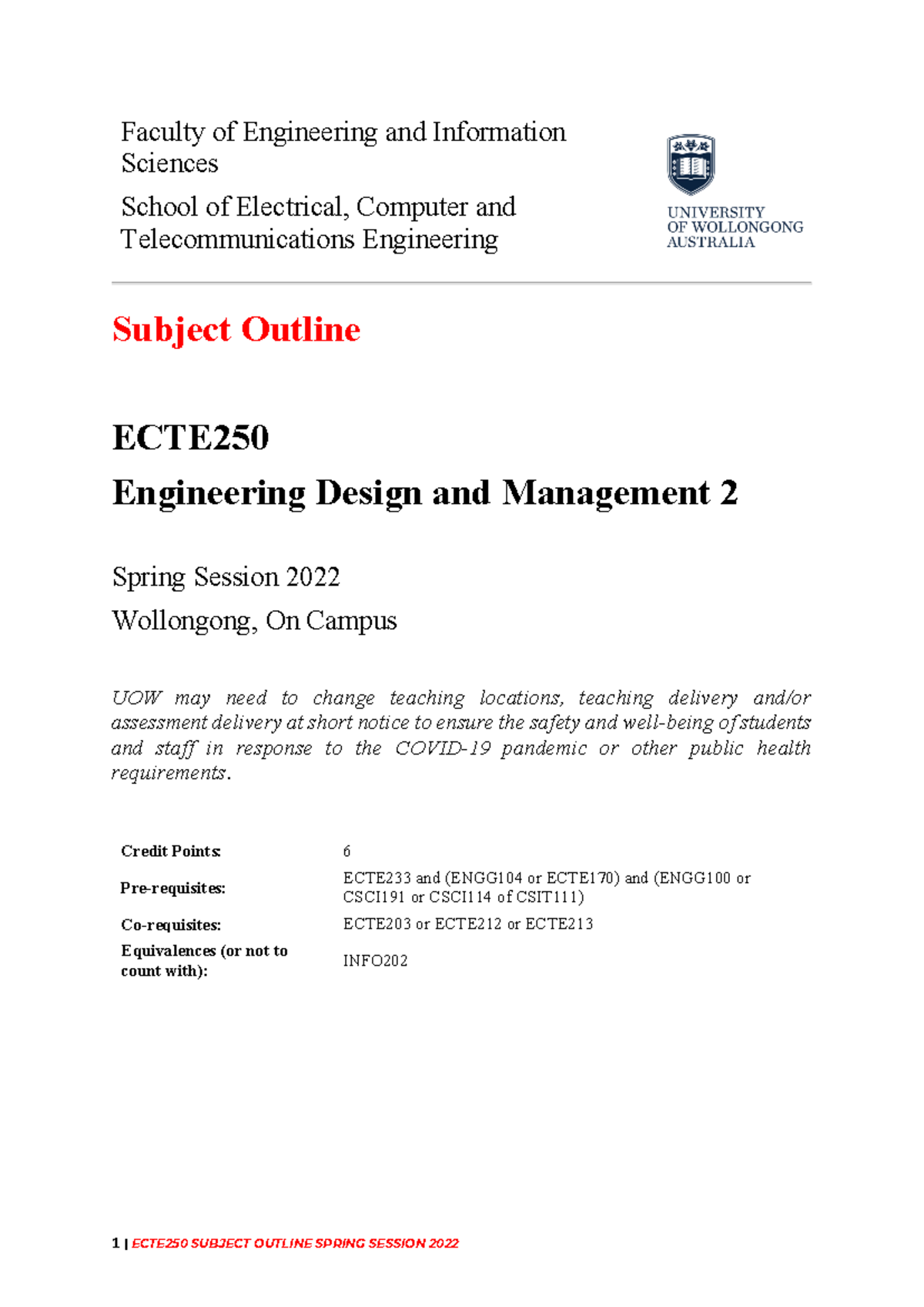 ECTE250 Engineering Design & Management 2 Subject Outline - Spring 2022 ...