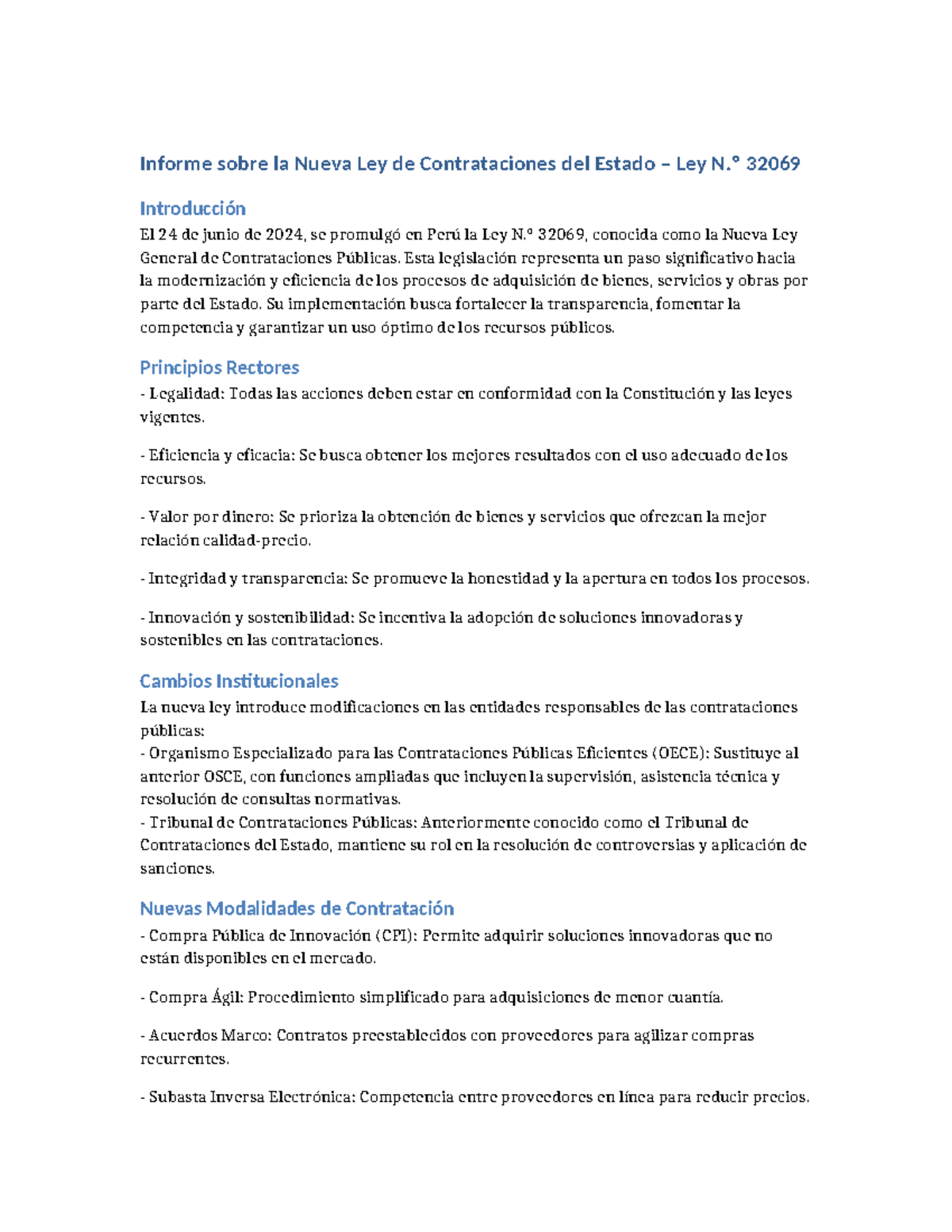 Informe sobre la Ley 32069 de Contrataciones Públicas en Perú - Studocu
