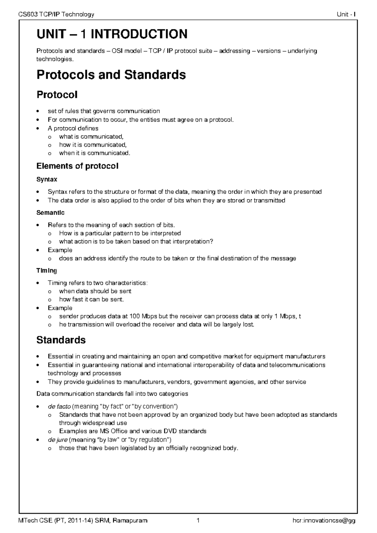 CS603 Technology Unit I: Introduction to Protocols and Standards - Studocu