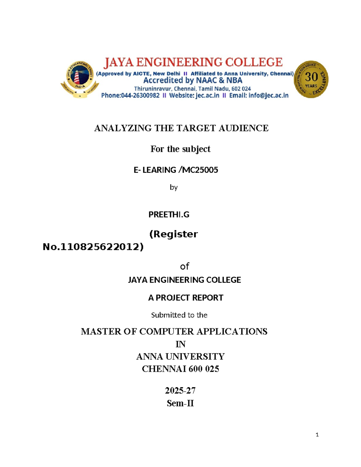 Analyzing the Target Audience: Project Report for MCA (E-Learning ...