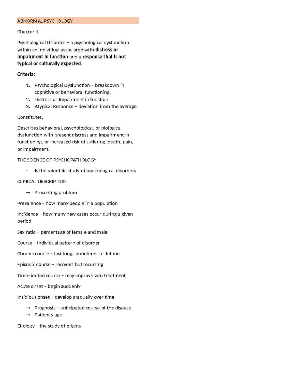 Abnormal Psychology Chapter 1 - ABNORMAL PSYCHOLOGY Chapter 1 ...
