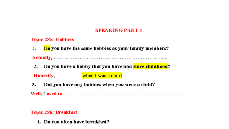 HUB- Level 7 Speaking Part 1: Topics on Hobbies, Breakfast, and More ...