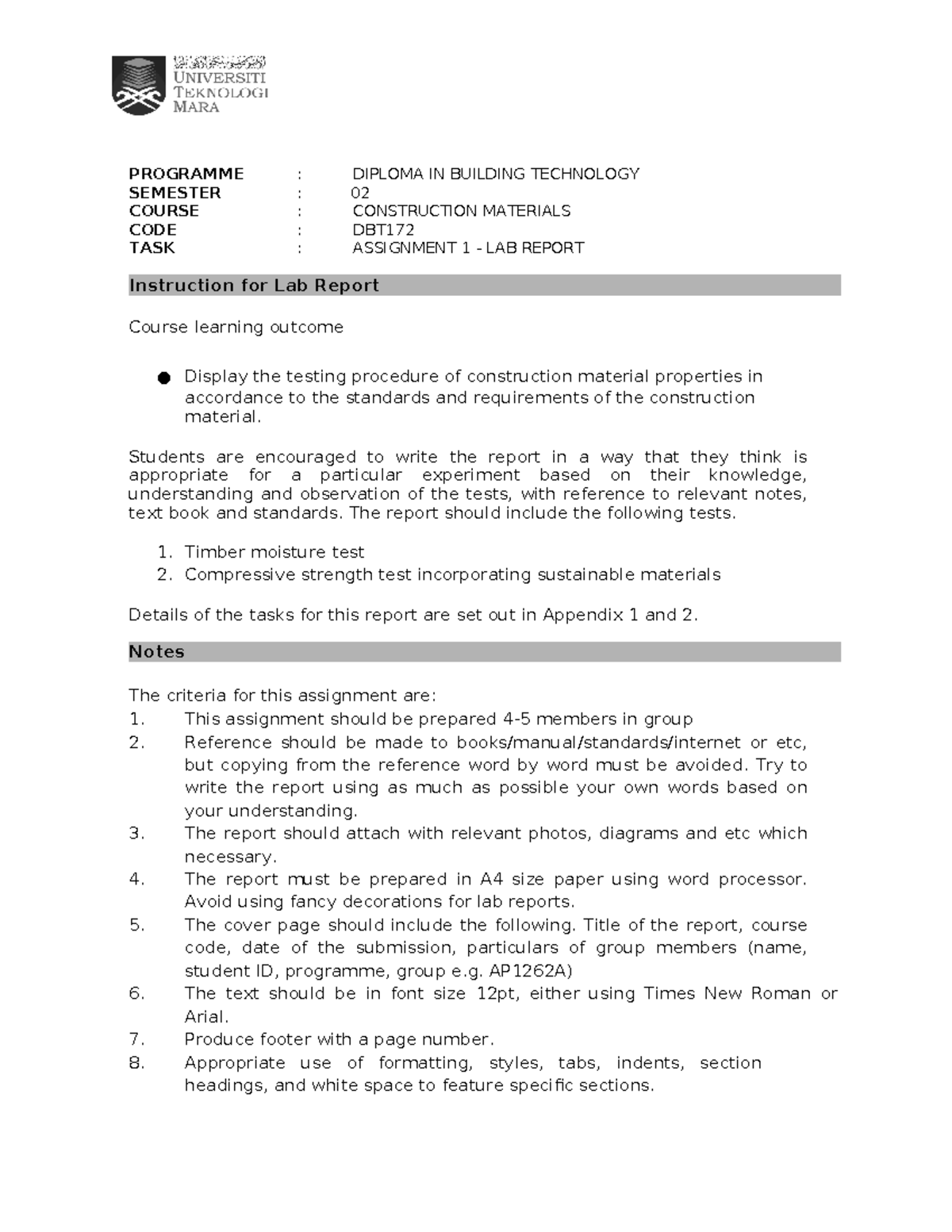 Lab Report on Construction Materials Testing - DBT172 Assignment 1 ...