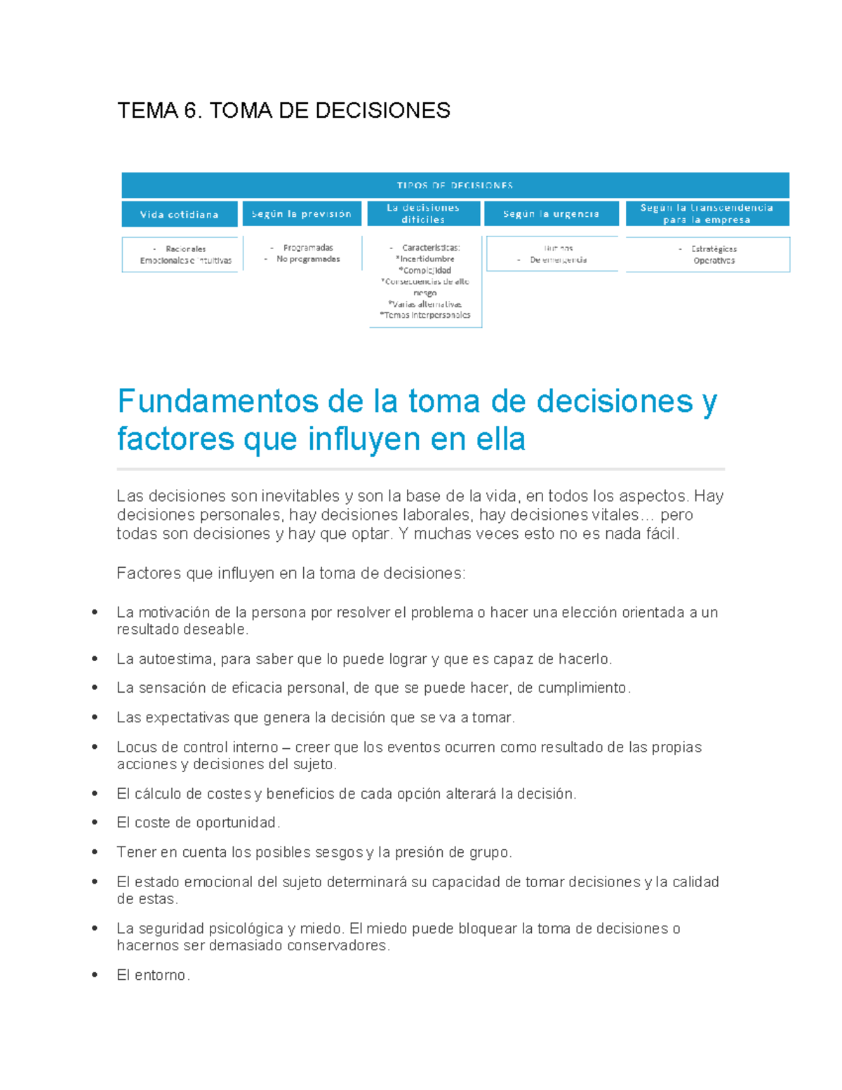 TEMA 6: Fundamentos y Factores en la Toma de Decisiones - Studocu