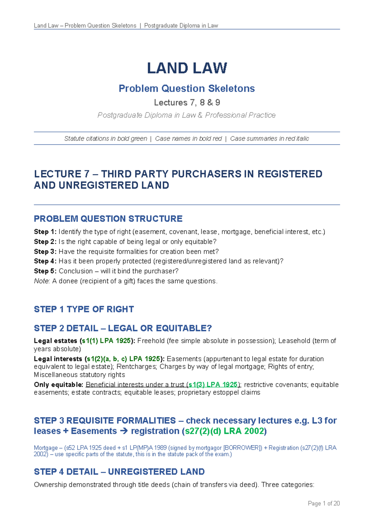LAND LAW 7-9: Problem Question Skeletons for Third Party Purchasers ...