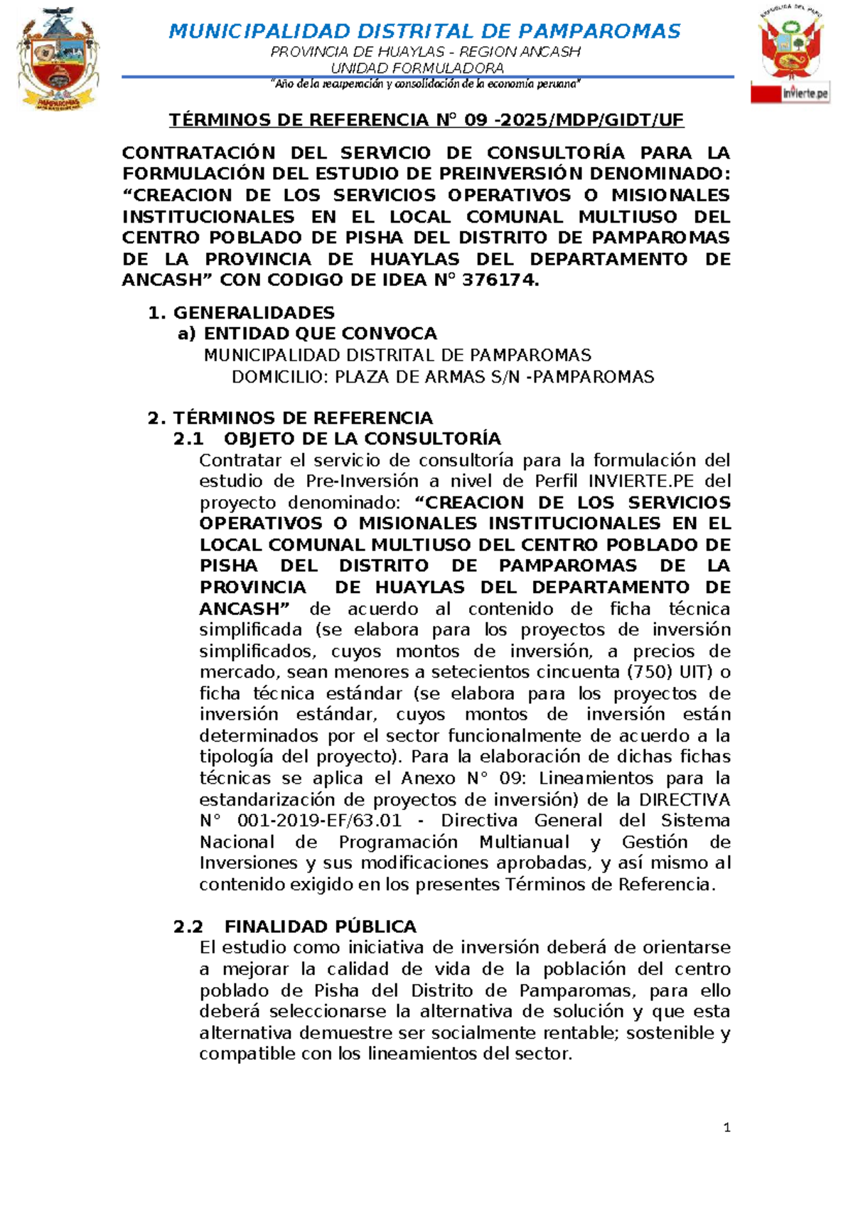 TDR N° 09: Estudio de Preinversión para Local Comunal Pisha - Huaylas - Document Preview