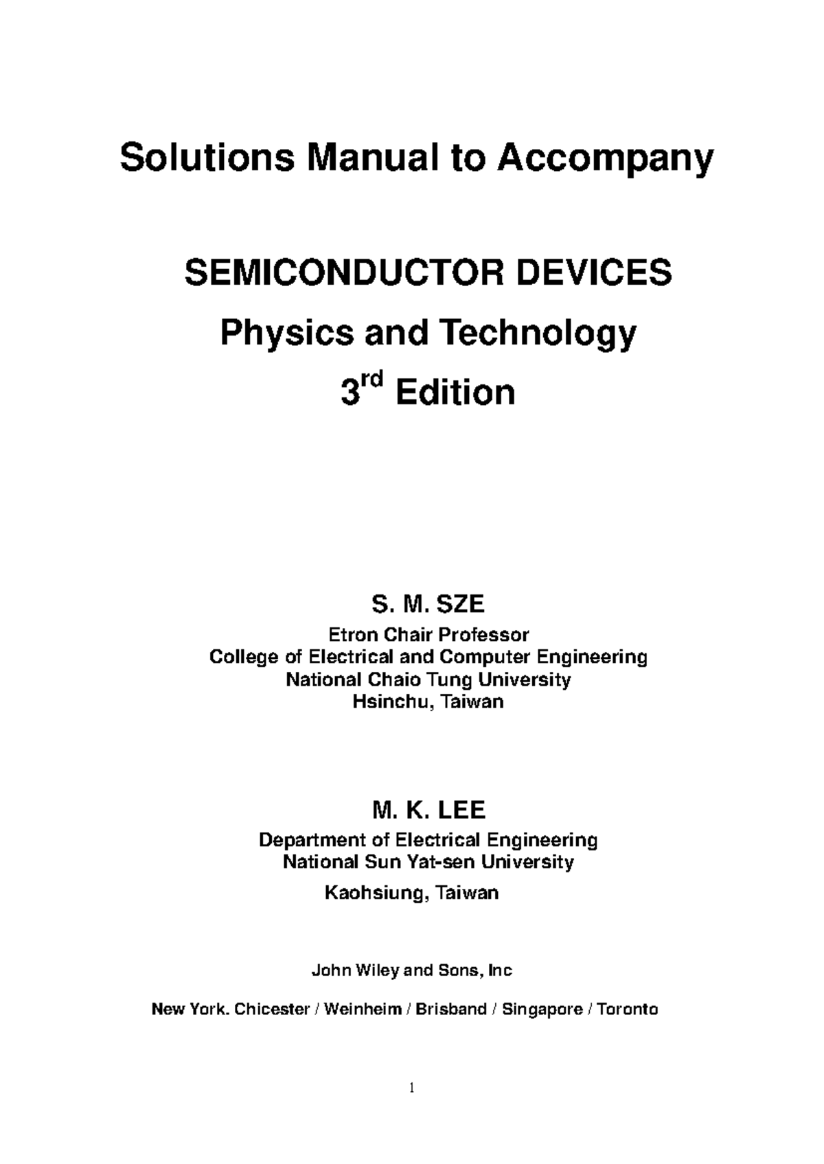 Solutions Manual for Semiconductor Devices Physics & Technology (3rd Ed ...