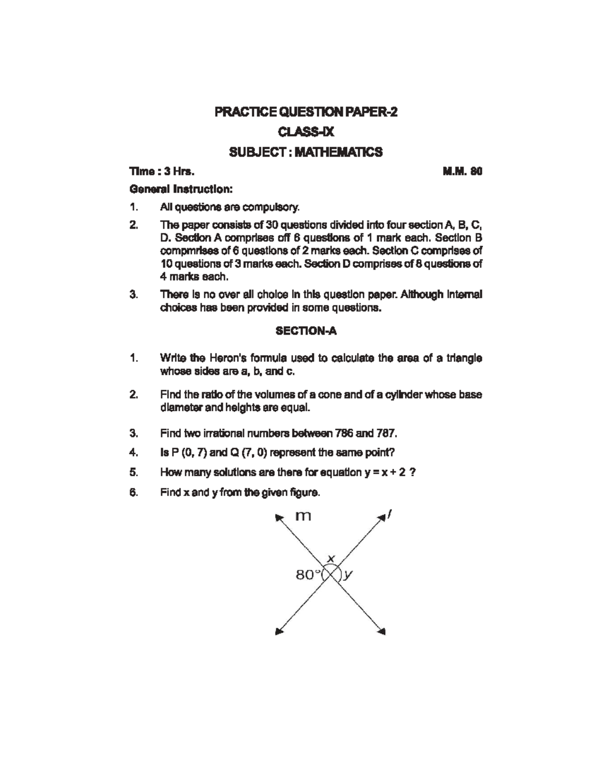 Mathematics Practice Questions: Sample Paper 9 (2018-2019) - Studocu