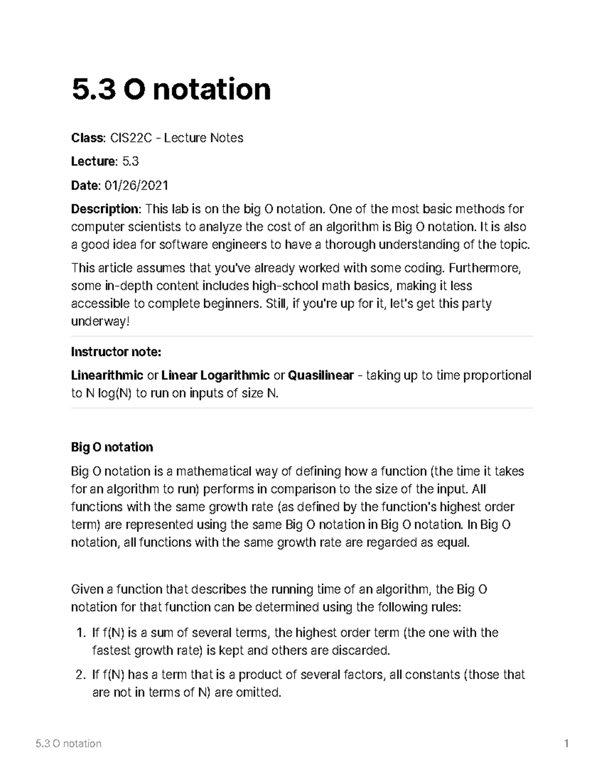 5.3 The big O notation - 5 O notation Class : CIS22C - Lecture Notes ...