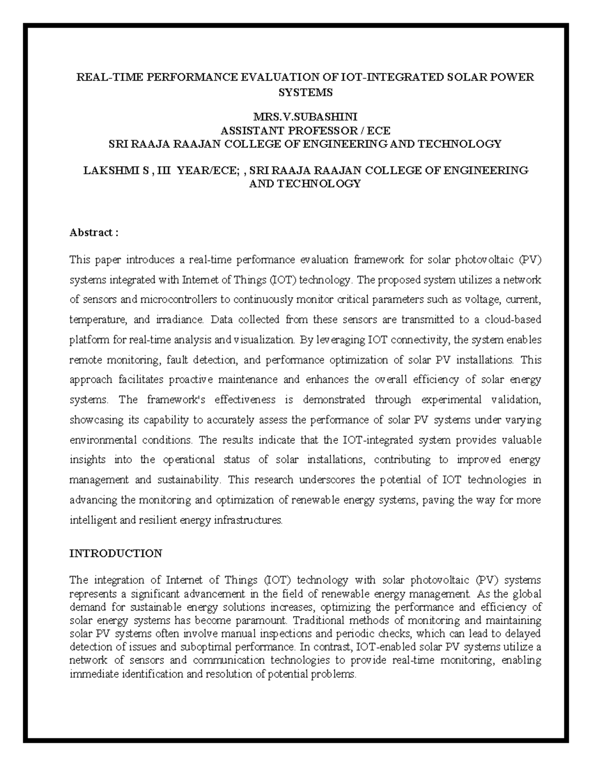 Performance Evaluation of Solar PV Systems with IoT Integration - ECE ...