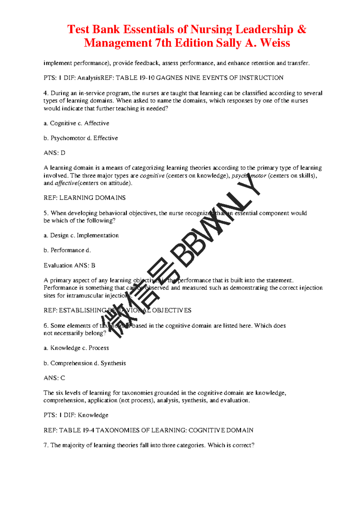 Test bank essentials of nursing leadership management 7th edition sally ...