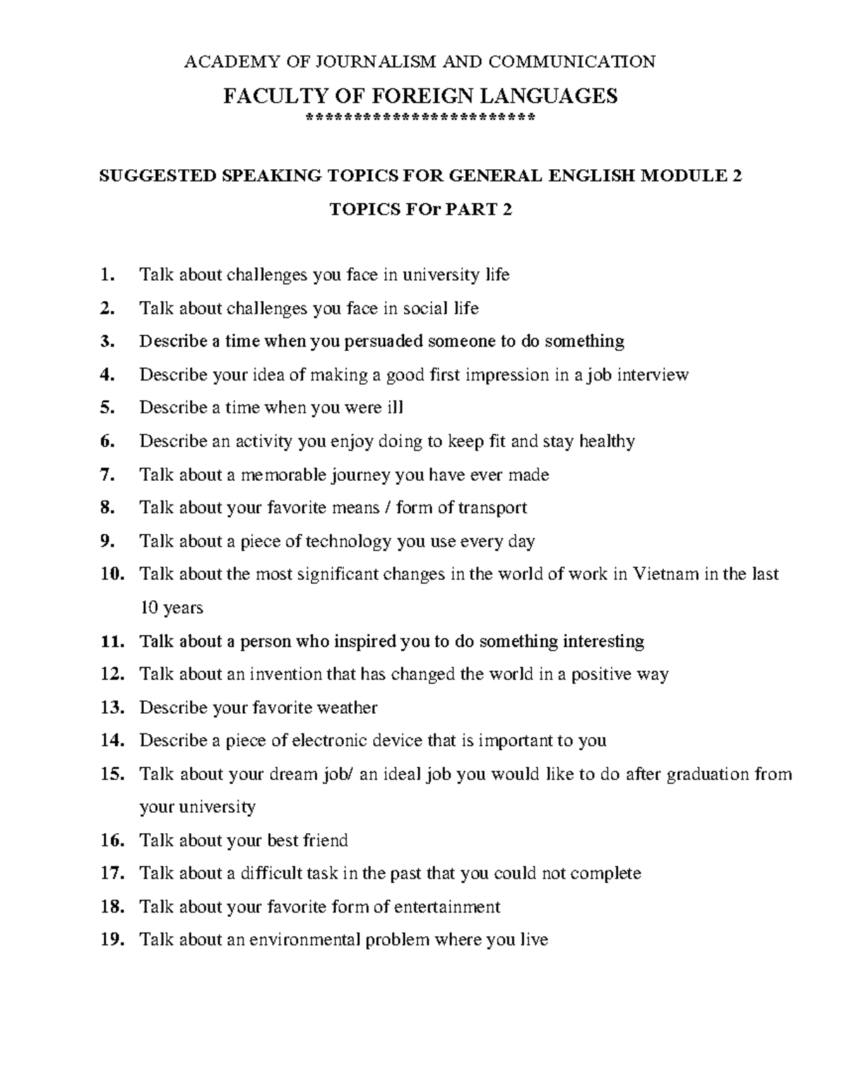 Suggested Speaking & Writing Topics for General English GE2 - Studocu