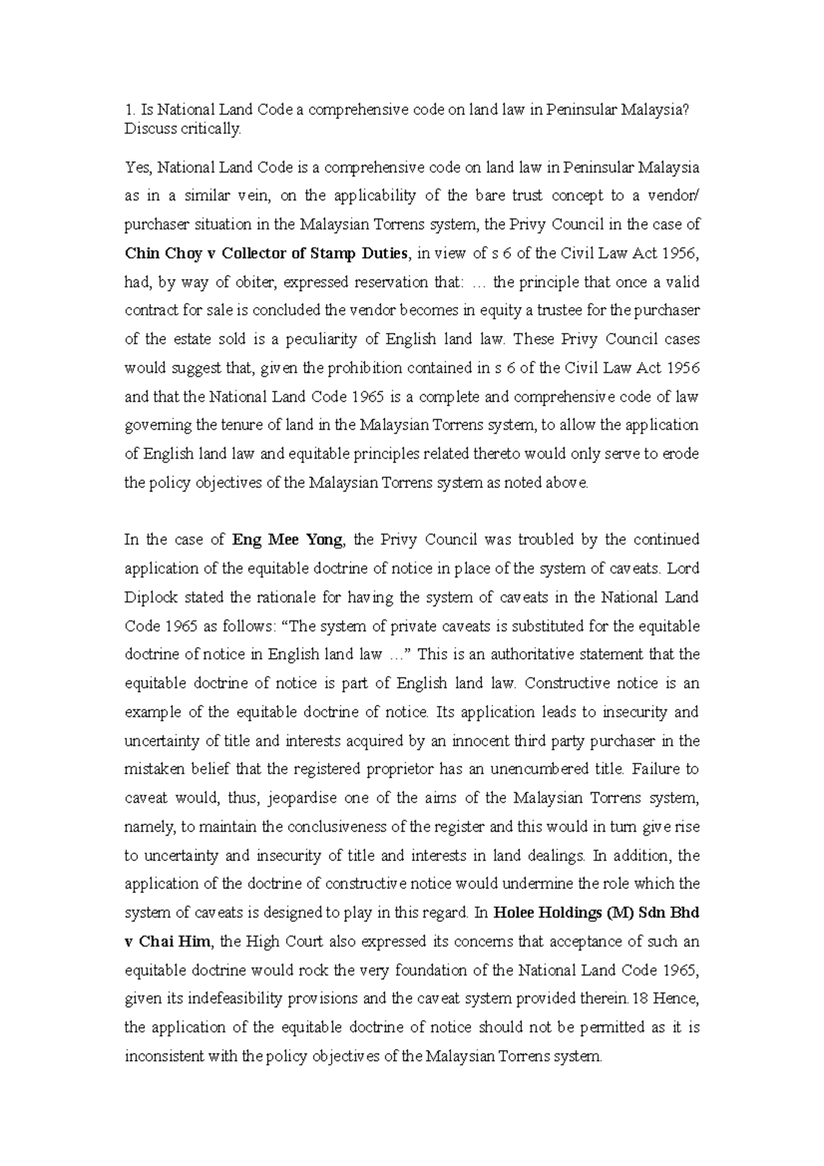 Land Law Revision on the National Land Code - DCCDC - Final Exam Notes ...