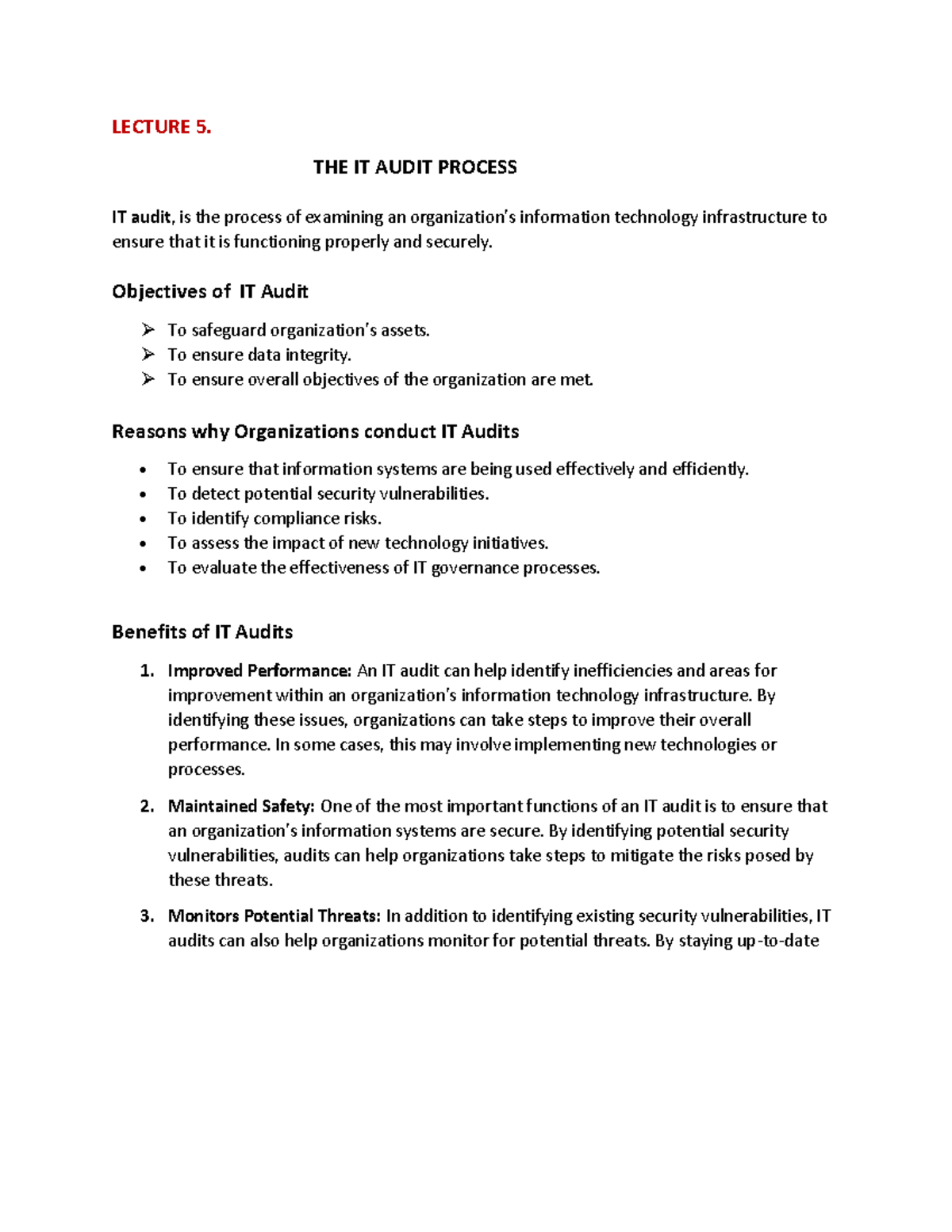 LECTURE 5: THE IT AUDIT PROCESS AND ITS KEY COMPONENTS - Studocu