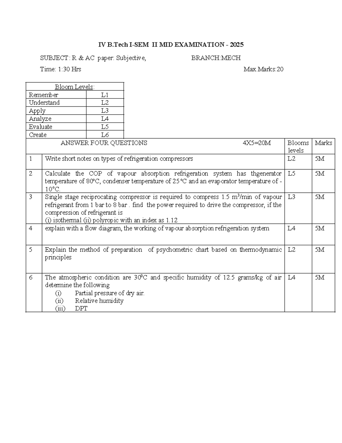 IV B.Tech II Mid Exam 2025: R & AC Subjective Paper - MECH - Studocu