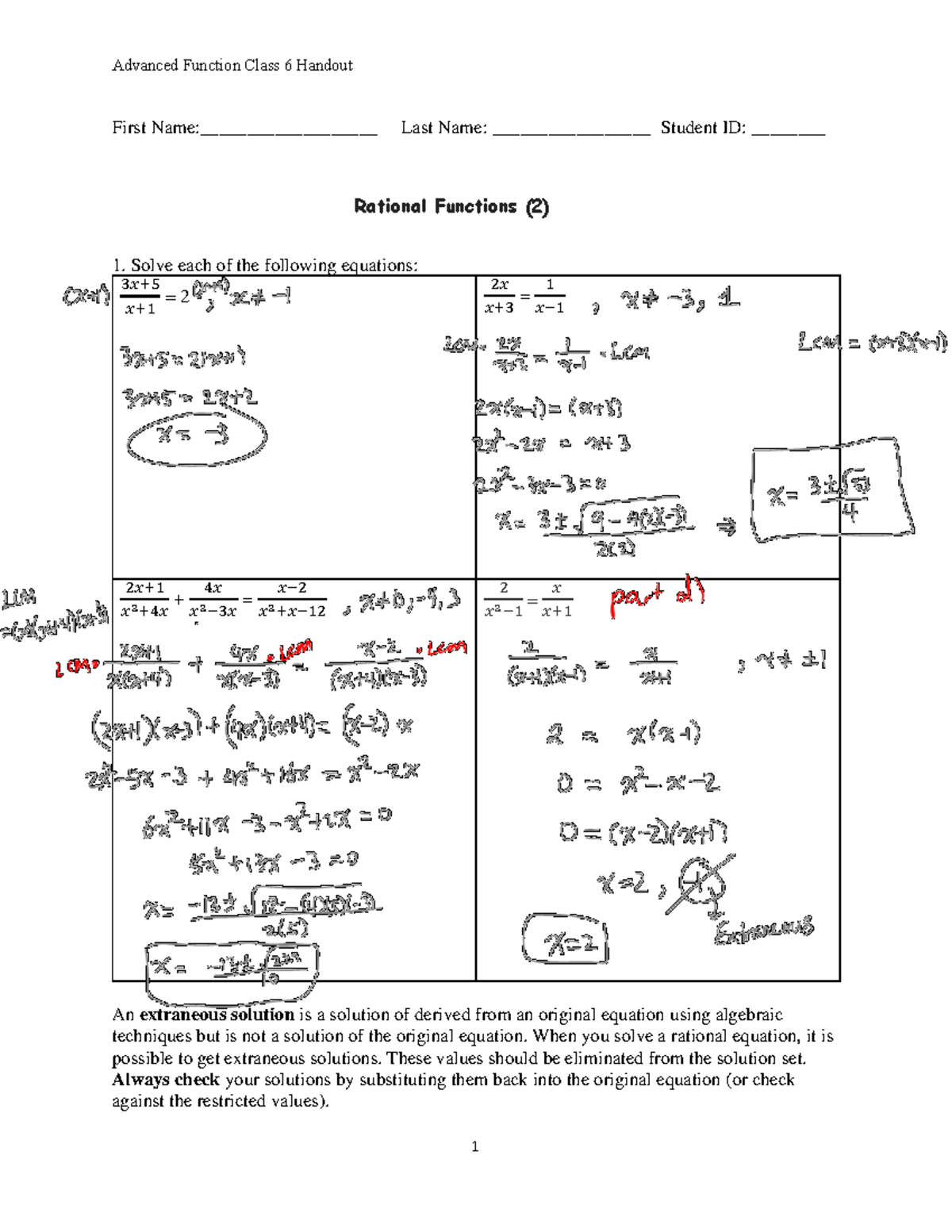 Advanced Functions Class 6 Handout: Rational Functions & Inequalities ...