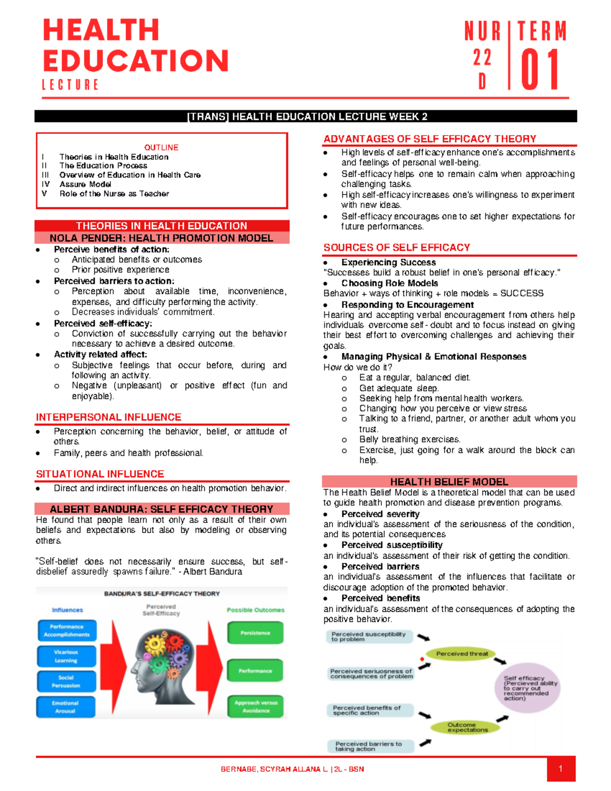 Health Education Lecture Notes - Week 2 (2L - BSN 1) - Studocu