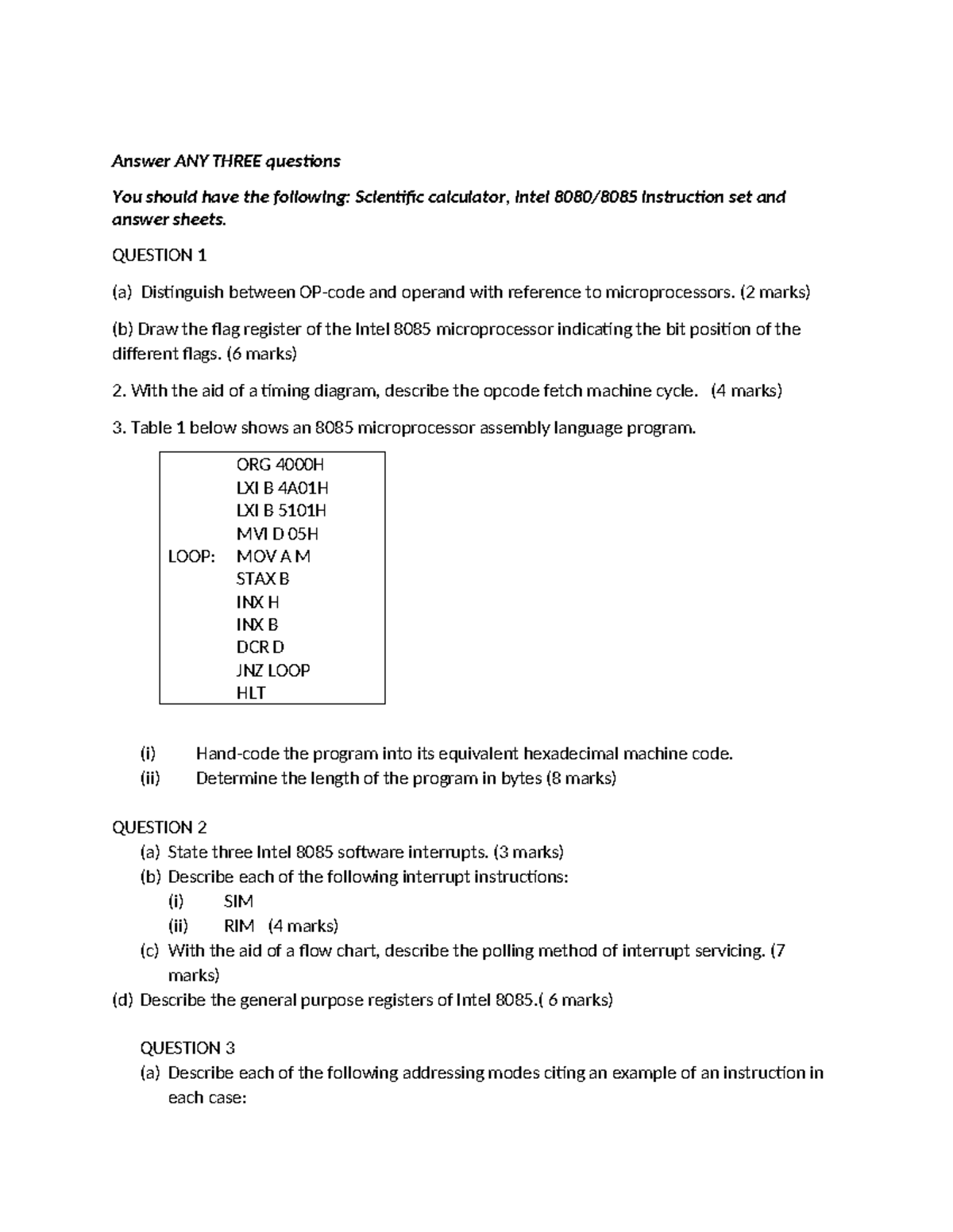 Intel 8085 Microprocessor Assignment: Answer Any Three Questions - Studocu