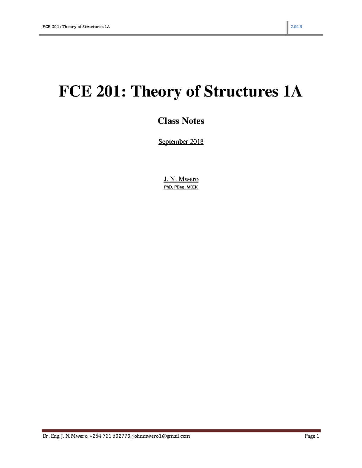 FCE 201 Notes (Revised) - FCE 201: Theory of Structures 1A Class Notes ...