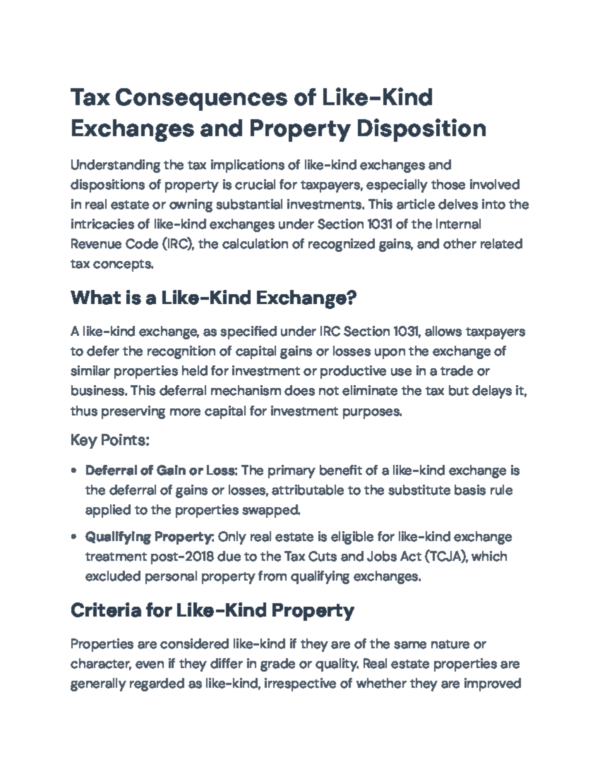 Tax Implications of Like-Kind Exchanges and Property Disposition - Tax ...