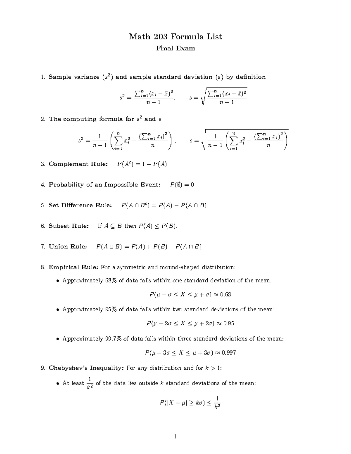 Math 203 Final Exam Formula Sheet: Variance, Probability & Rules - Studocu
