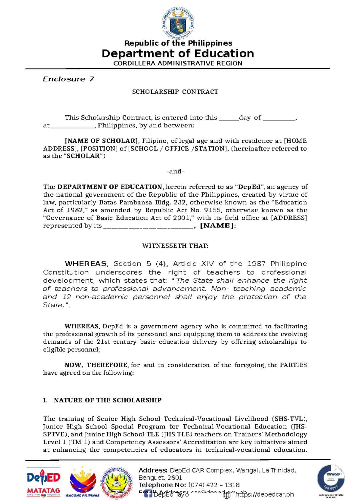 Enclosure 4: Scholarship Contract for TM 1 Training and Accreditation ...