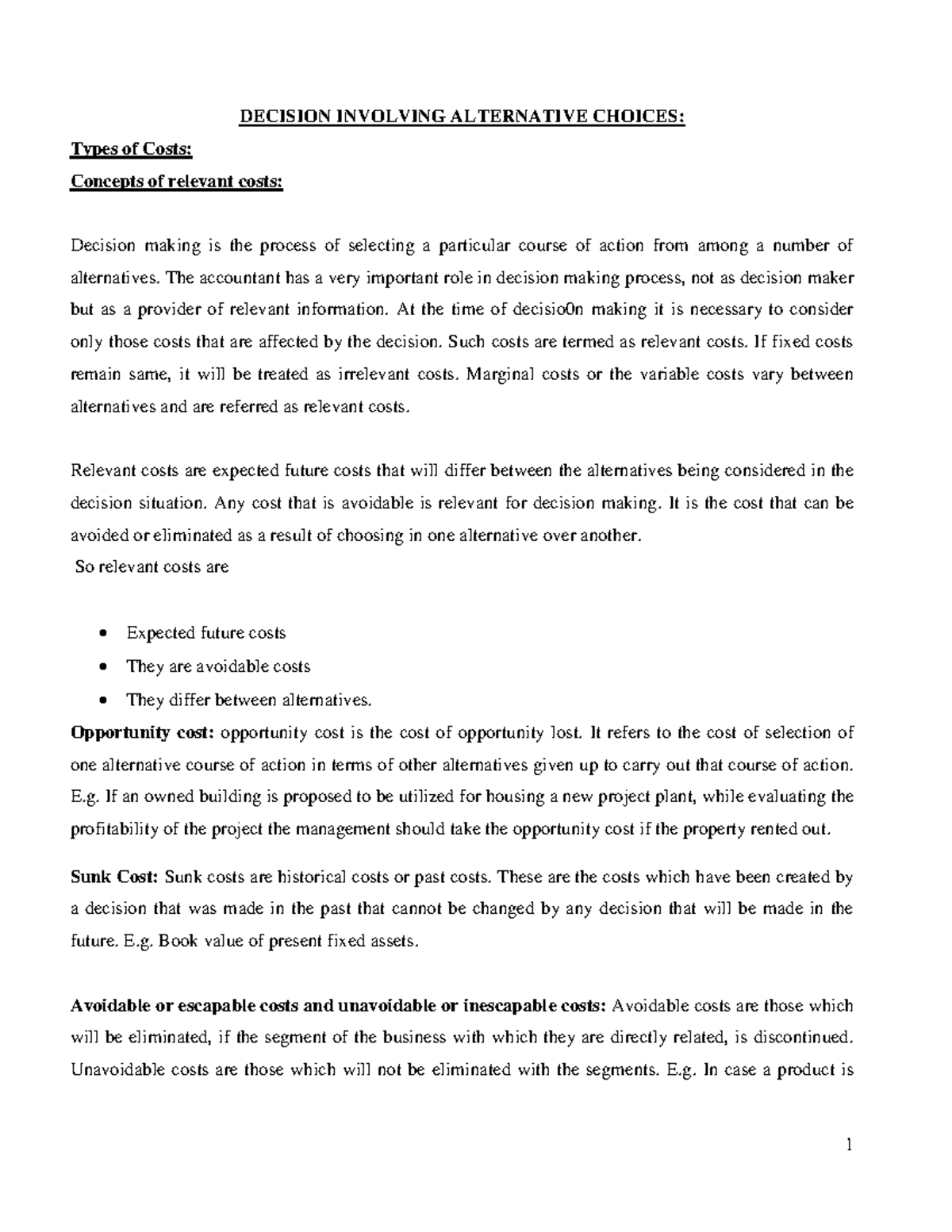 Unit-4: Decision Making Notes on Relevant Costs and Evaluation Methods ...